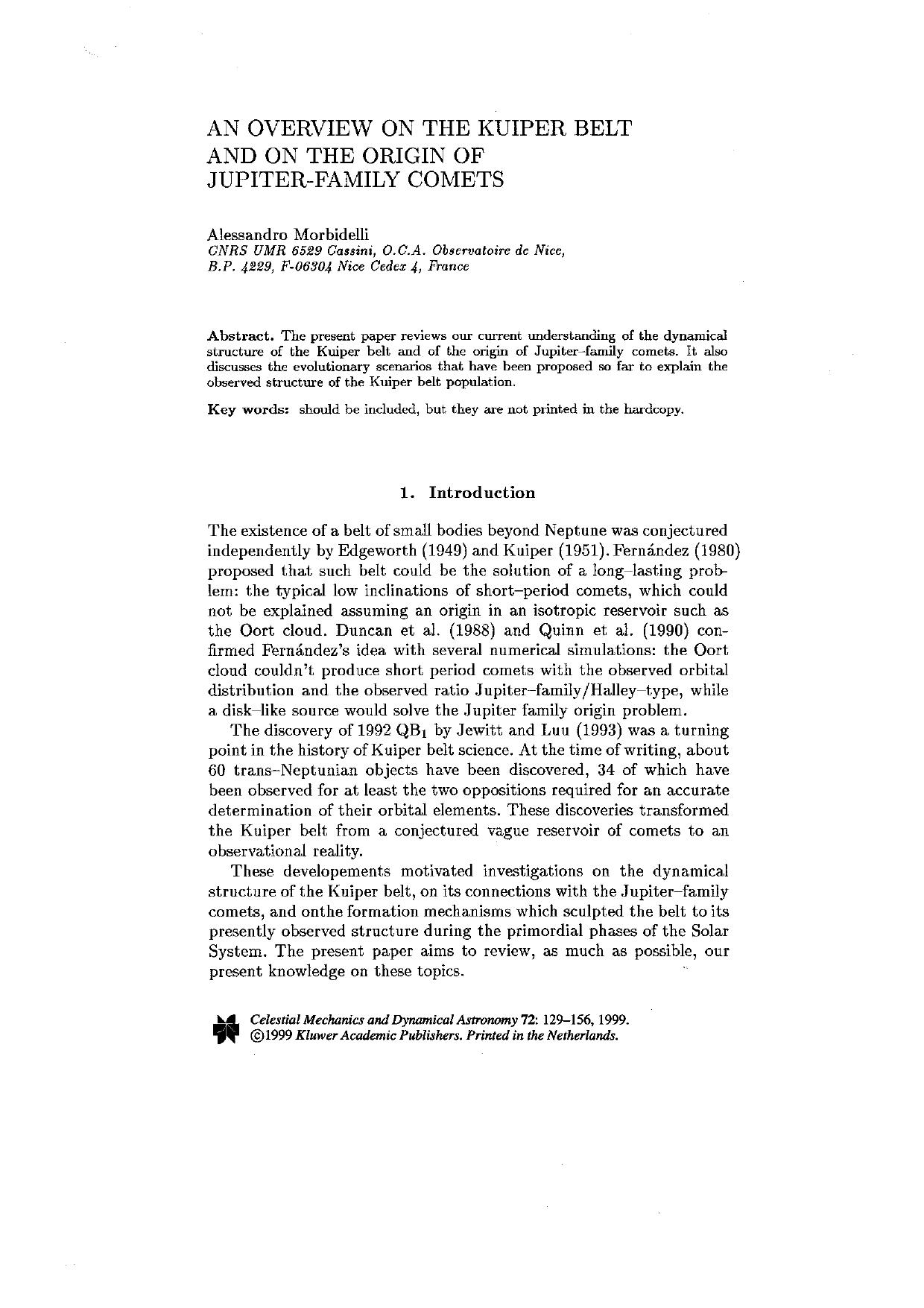 An Overview on the Kuiper Belt and on the Origin of Jupiter-family Comets by Unknown