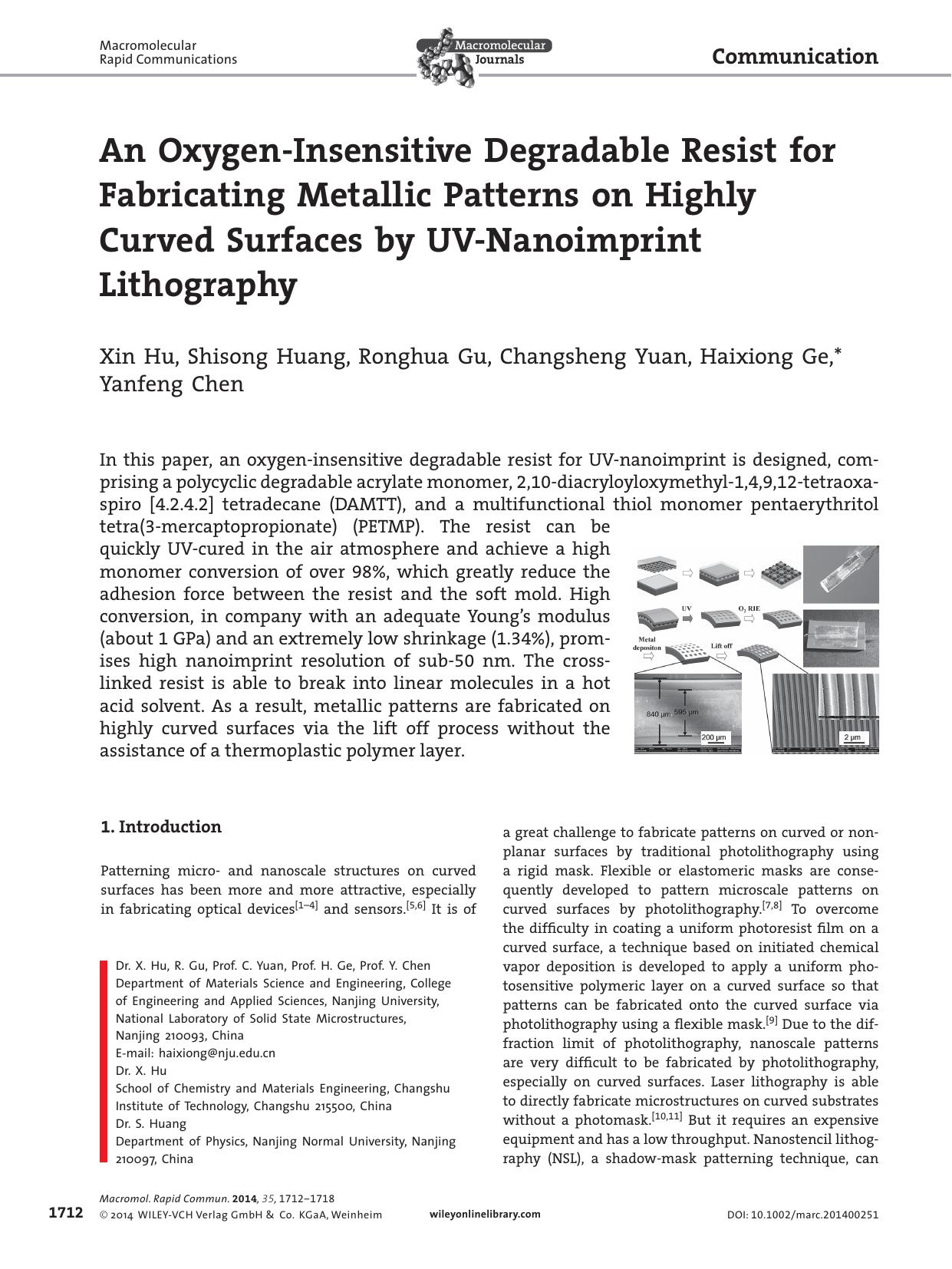 An OxygenInsensitive Degradable Resist for Fabricating Metallic Patterns on Highly Curved Surfaces by UVNanoimprint Lithography by processteam