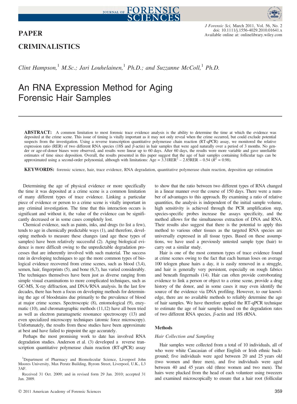 An RNA Expression Method for Aging Forensic Hair Samples by Unknown