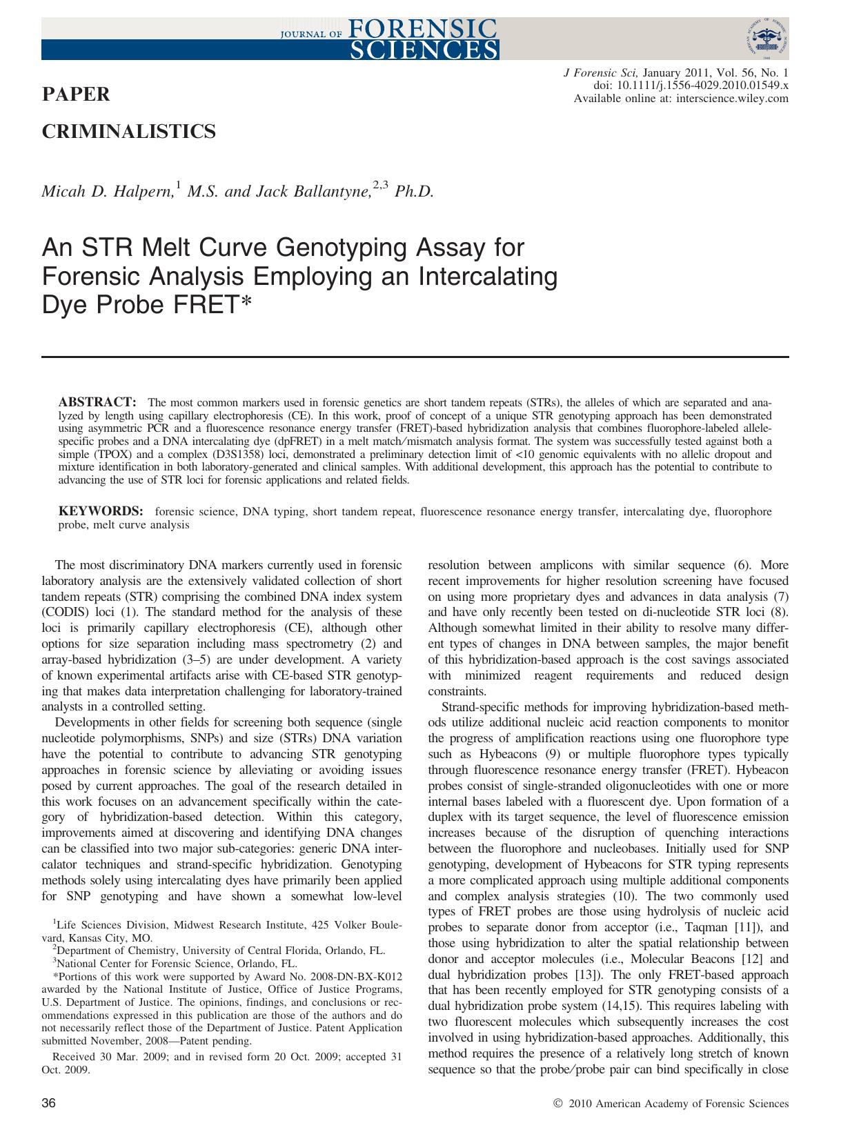 An STR Melt Curve Genotyping Assay for Forensic Analysis Employing an Intercalating Dye Probe FRET by Unknown