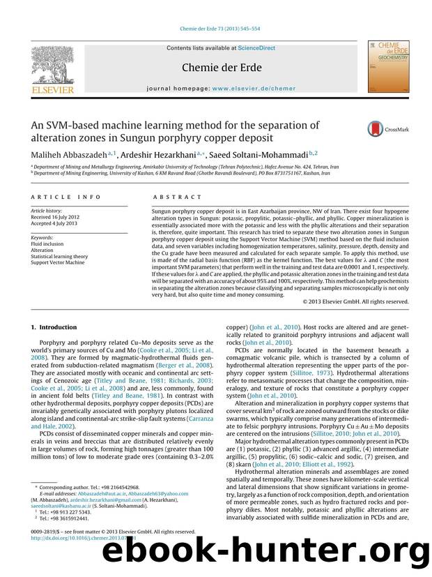 An SVM-based machine learning method for the separation of alteration zones in Sungun porphyry copper deposit by Maliheh Abbaszadeh & Ardeshir Hezarkhani & Saeed Soltani-Mohammadi