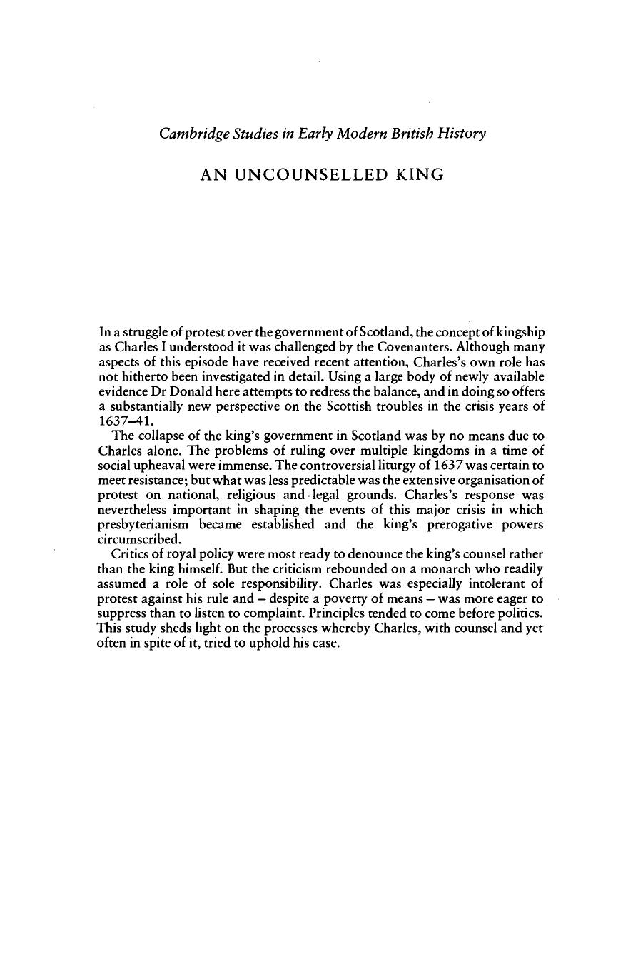 An Uncounselled King: Charles I and the Scottish Troubles, 1637-1641 by Peter Donald