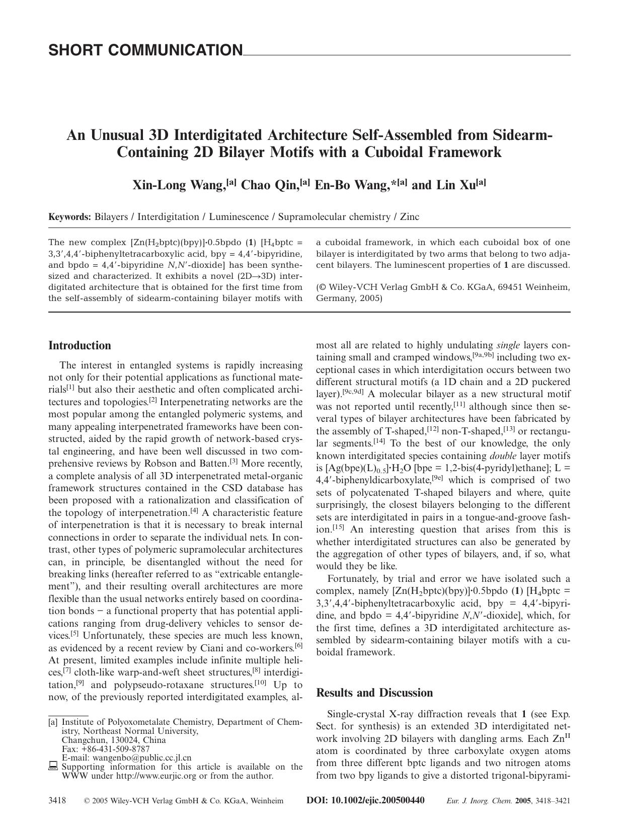 An Unusual 3D Interdigitated Architecture Self-Assembled from Sidearm-Containing 2D Bilayer Motifs with a Cuboidal Framework by Unknown