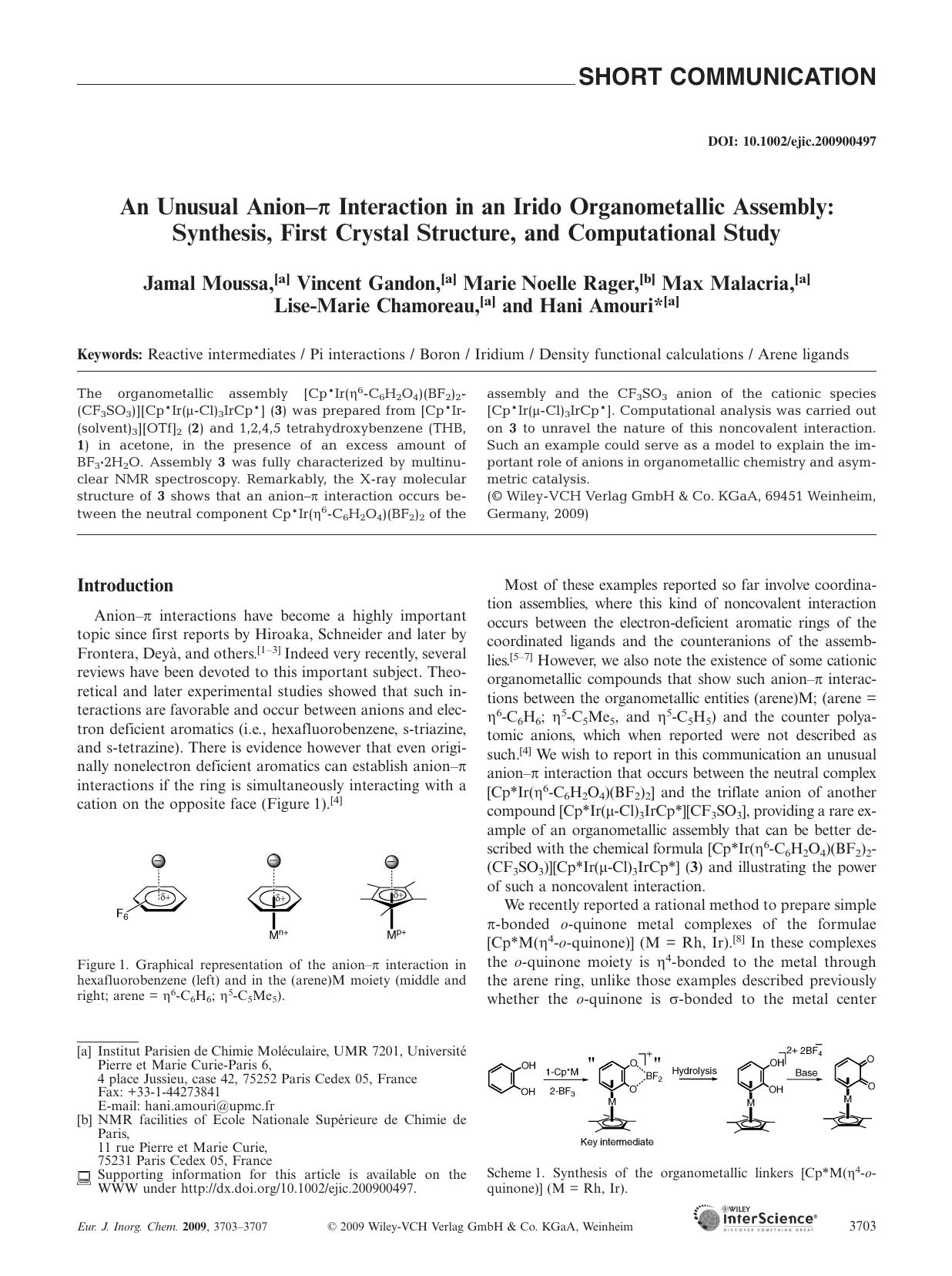 An Unusual Anion-[pi] Interaction in an ;rido Organometallic Assembly: Synthesis, First Crystal Structure, and Computational Study by Unknown