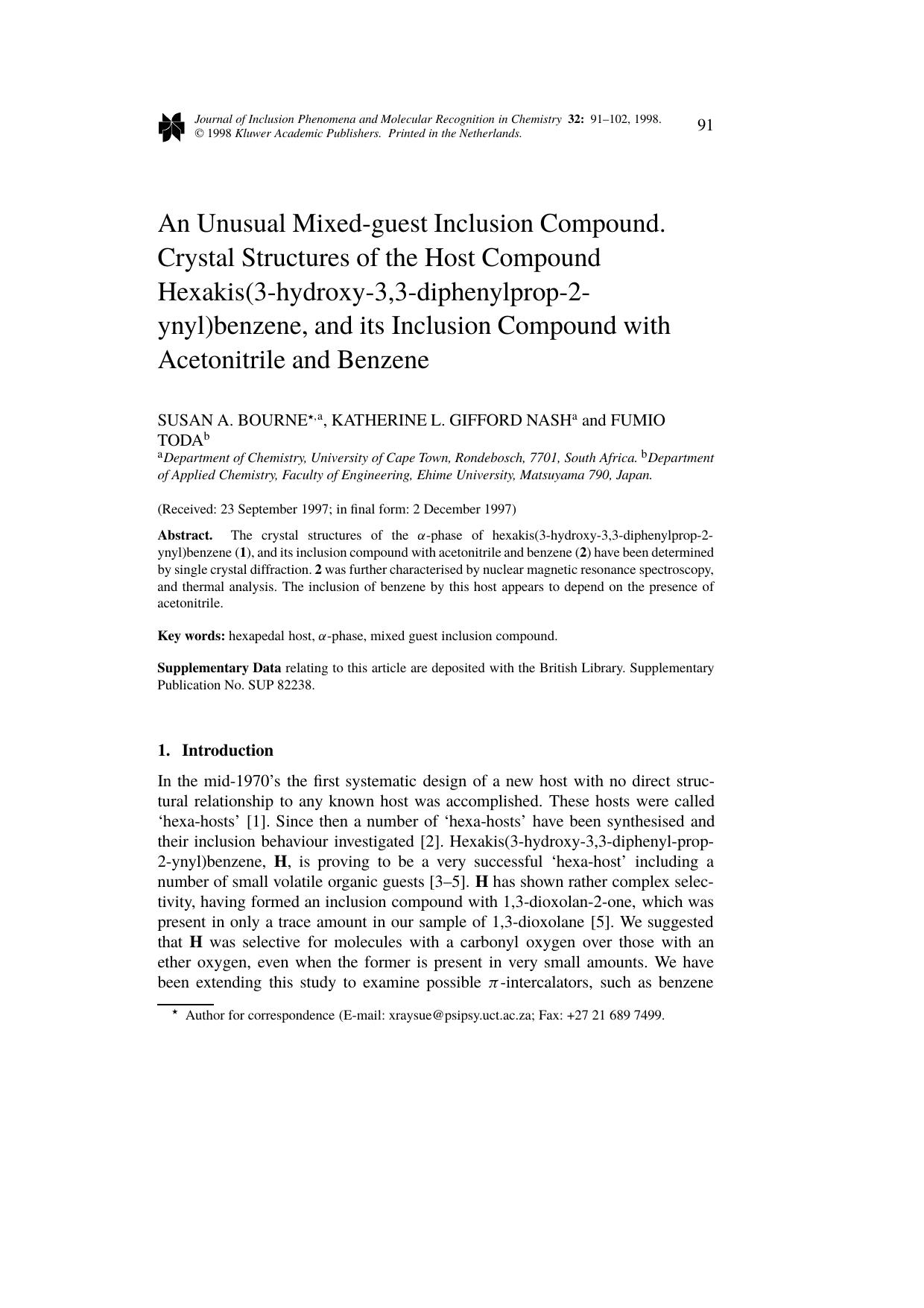 An Unusual Mixed-guest Inclusion Compound. Crystal Structures of the Host Compound Hexakis(3-hydroxy-3,3-diphenylprop-2-ynyl)benzene, and its Inclusion Compound with Acetonitrile and Benzene by Unknown