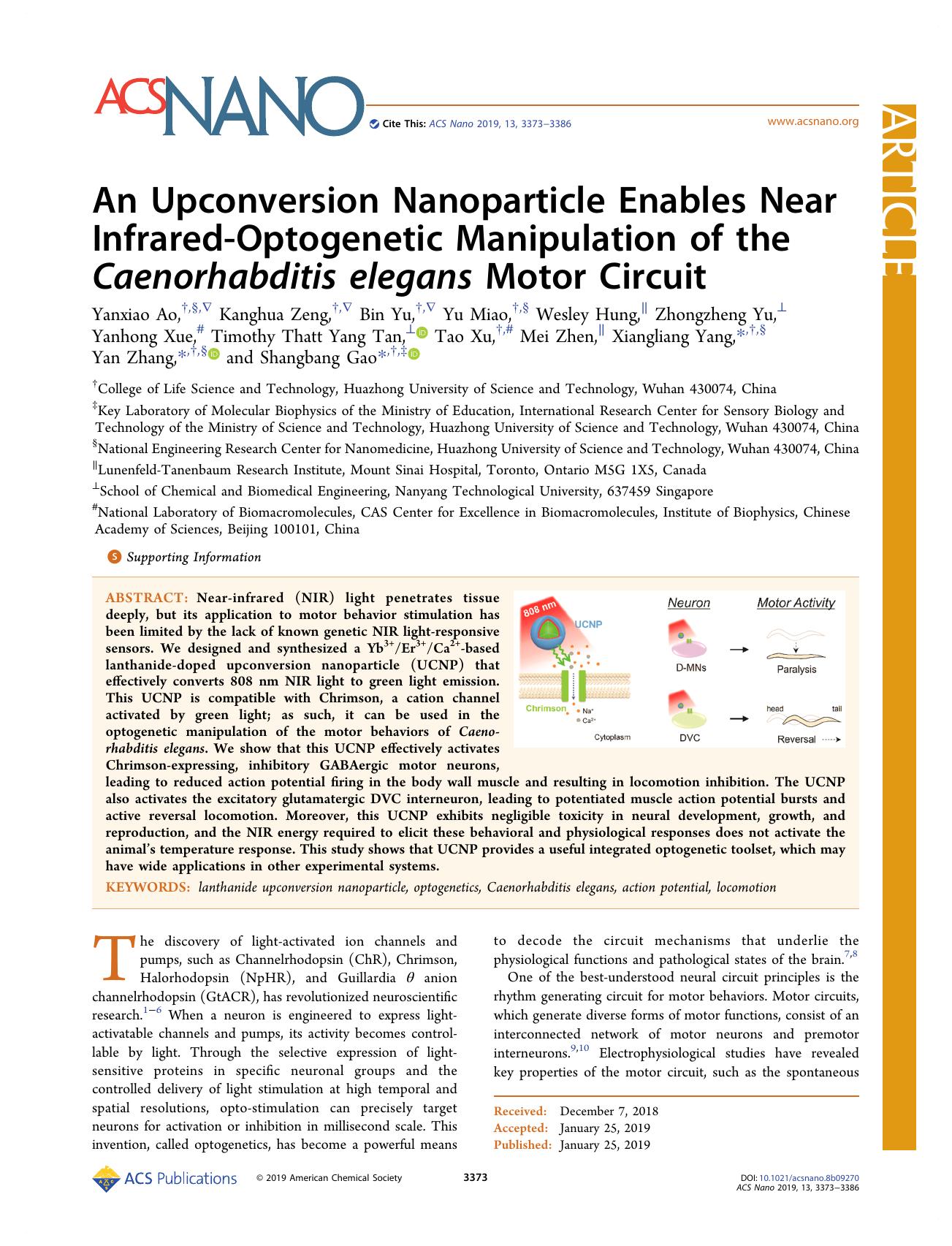 An Upconversion Nanoparticle Enables Near Infrared-Optogenetic Manipulation of the Caenorhabditis elegans Motor Circuit by unknow