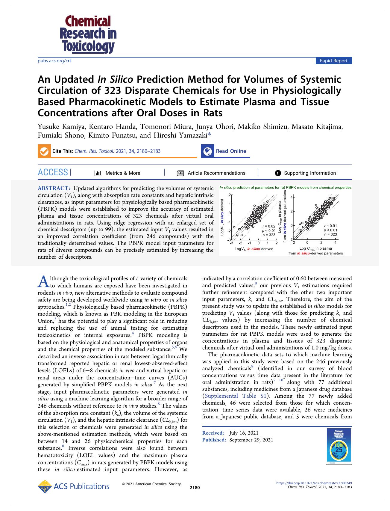 An Updated In Silico Prediction Method for Volumes of Systemic Circulation of 323 Disparate Chemicals for Use in Physiologically Based Pharmacokinetic Models to Estimate Plasma and by unknow