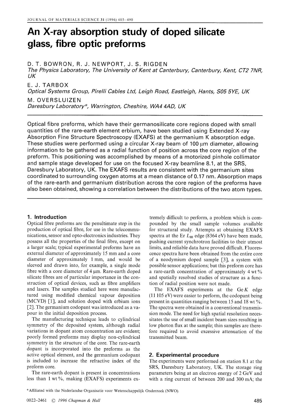 An X-ray absorption study of doped silicate glass, fibre optic preforms by Unknown