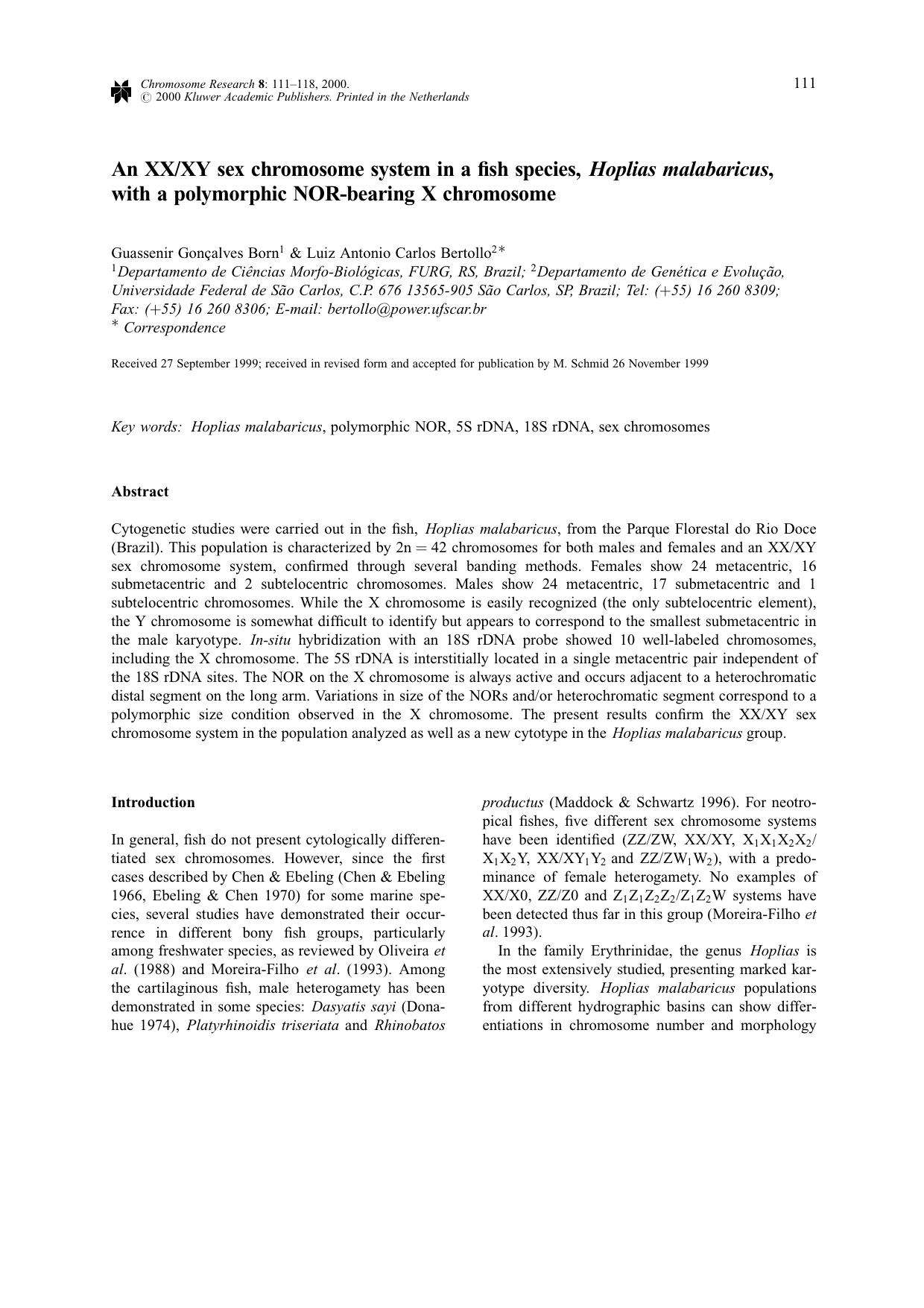 An XXXY Sex Chromosome System in a Fish Species, <Emphasis Type="Italic">Hoplias malabaricus<Emphasis>, with a Polymorphic NOR-Bearing X Chromosome by Unknown