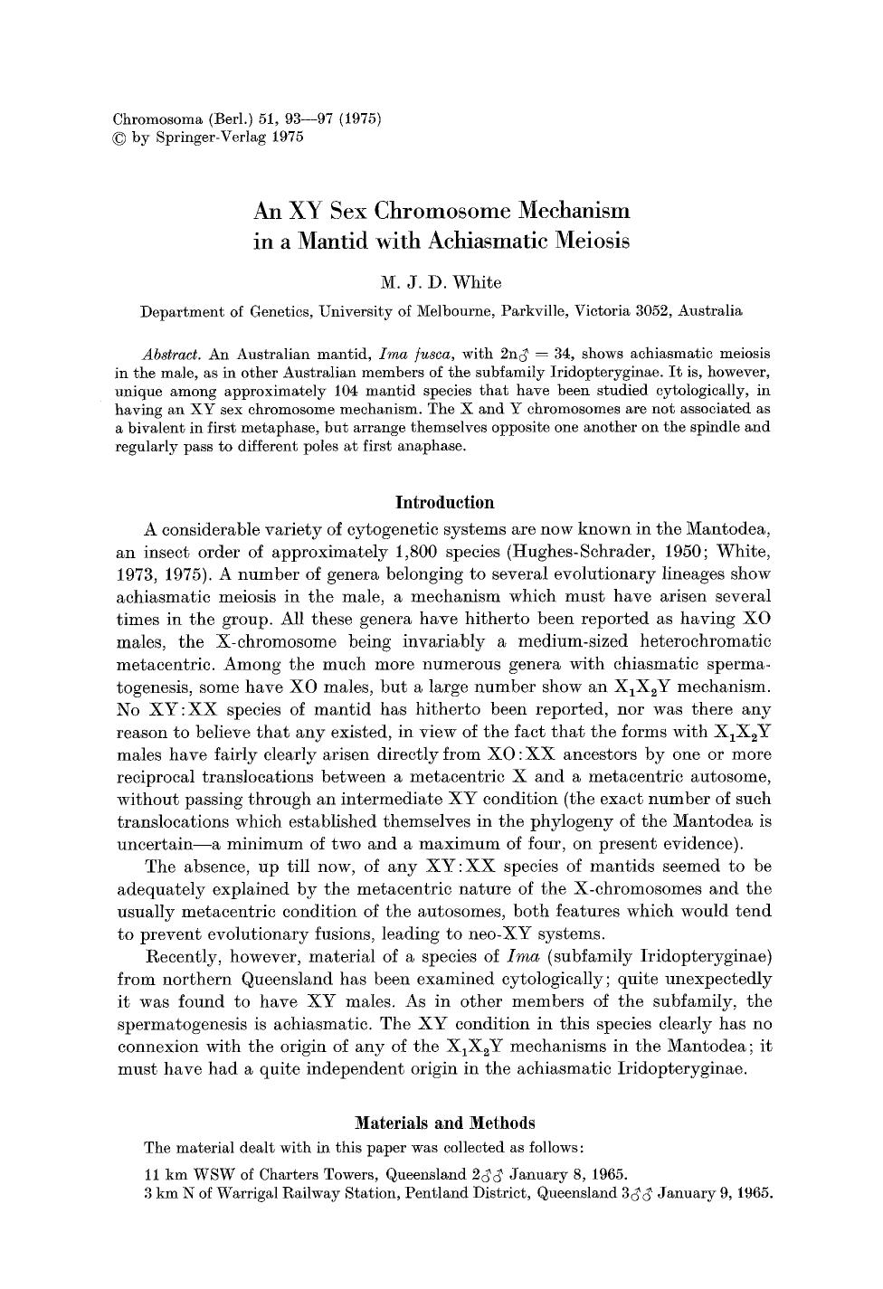 An XY sex chromosome mechanism in a mantid with achiasmatic meiosis by Unknown