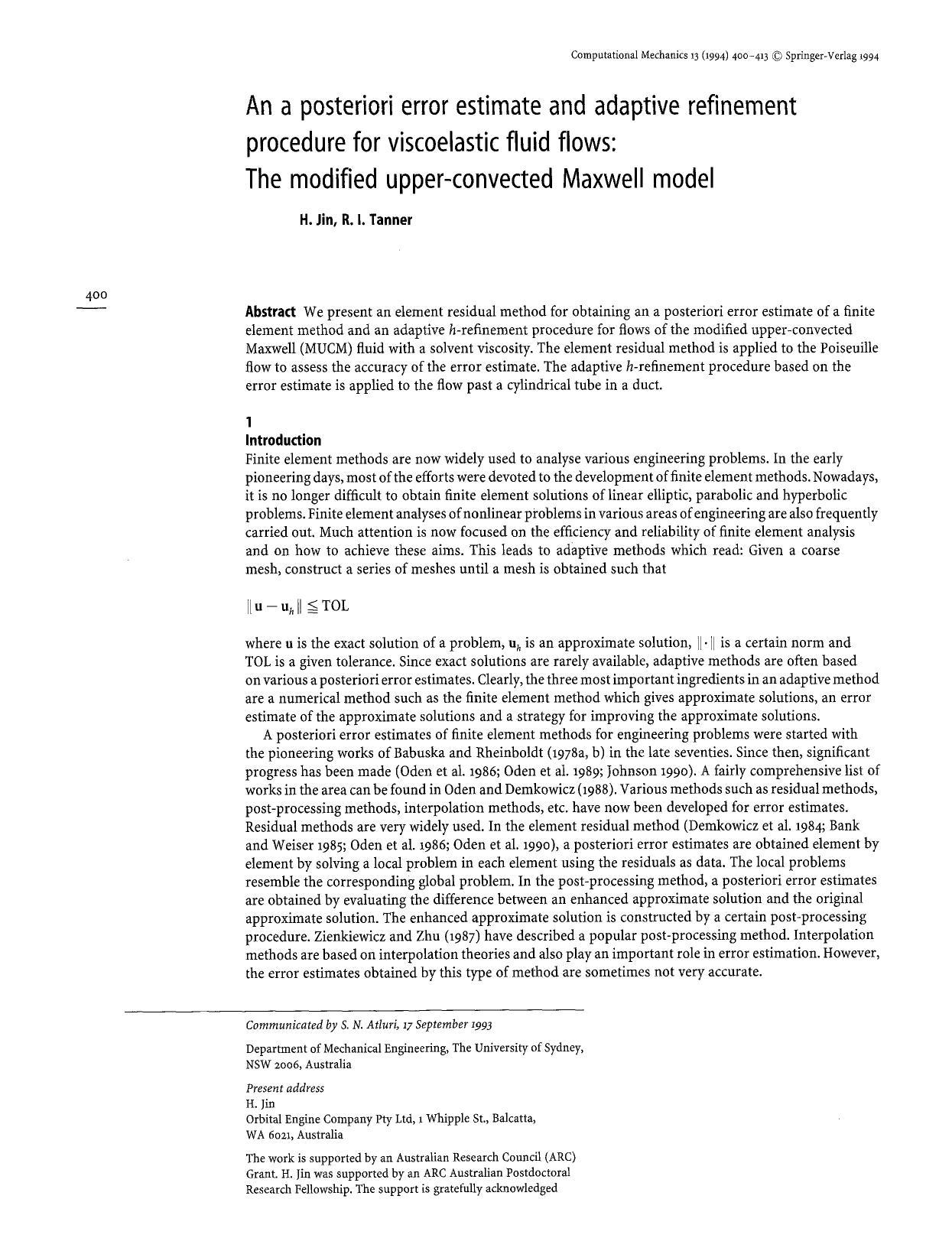 An a posteriori error estimate and adaptive refinement procedure for viscoelastic fluid flows: The modified upper-convected Maxwell model by Unknown