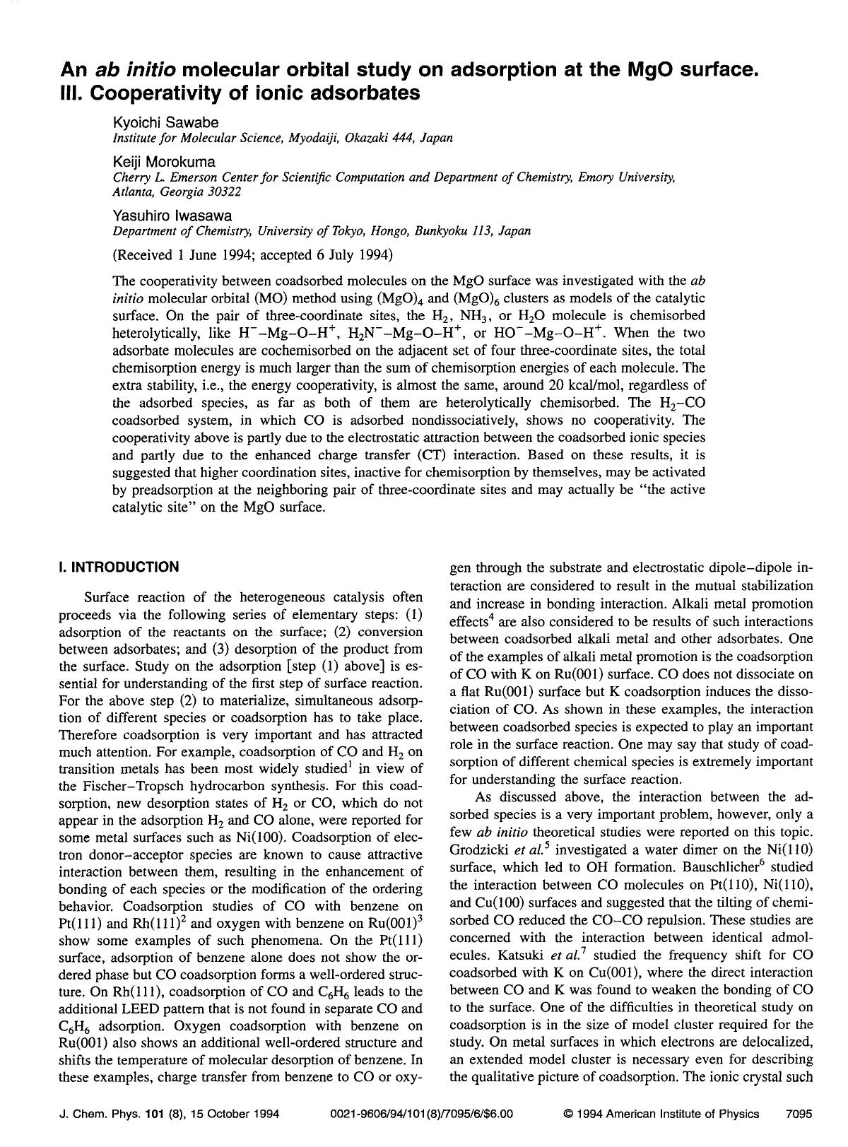 An ab initio molecular orbital study on adsorption at the MgO surface. III. Cooperativity of ionic adsorbates by Kyoichi Sawabe; Keiji Morokuma; Yasuhiro Iwasawa