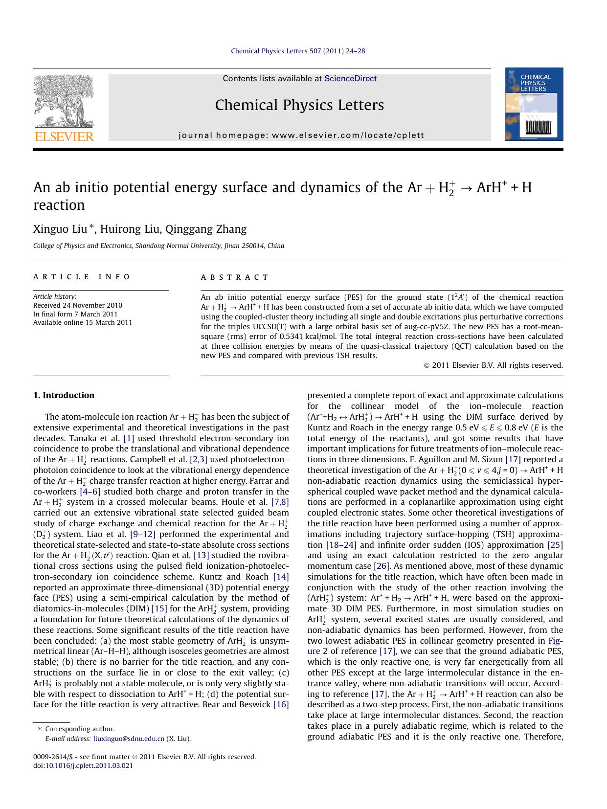 An ab initio potential energy surface and dynamics of the Ã¢â âArH++H reaction by Xinguo Liu & Huirong Liu & Qinggang Zhang