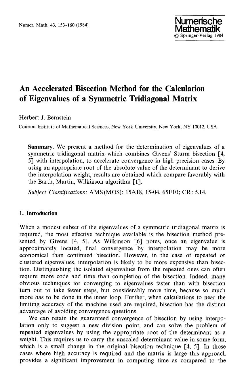 An accelerated bisection method for the calculation of eigenvalues of a symmetric tridiagonal matrix by Unknown