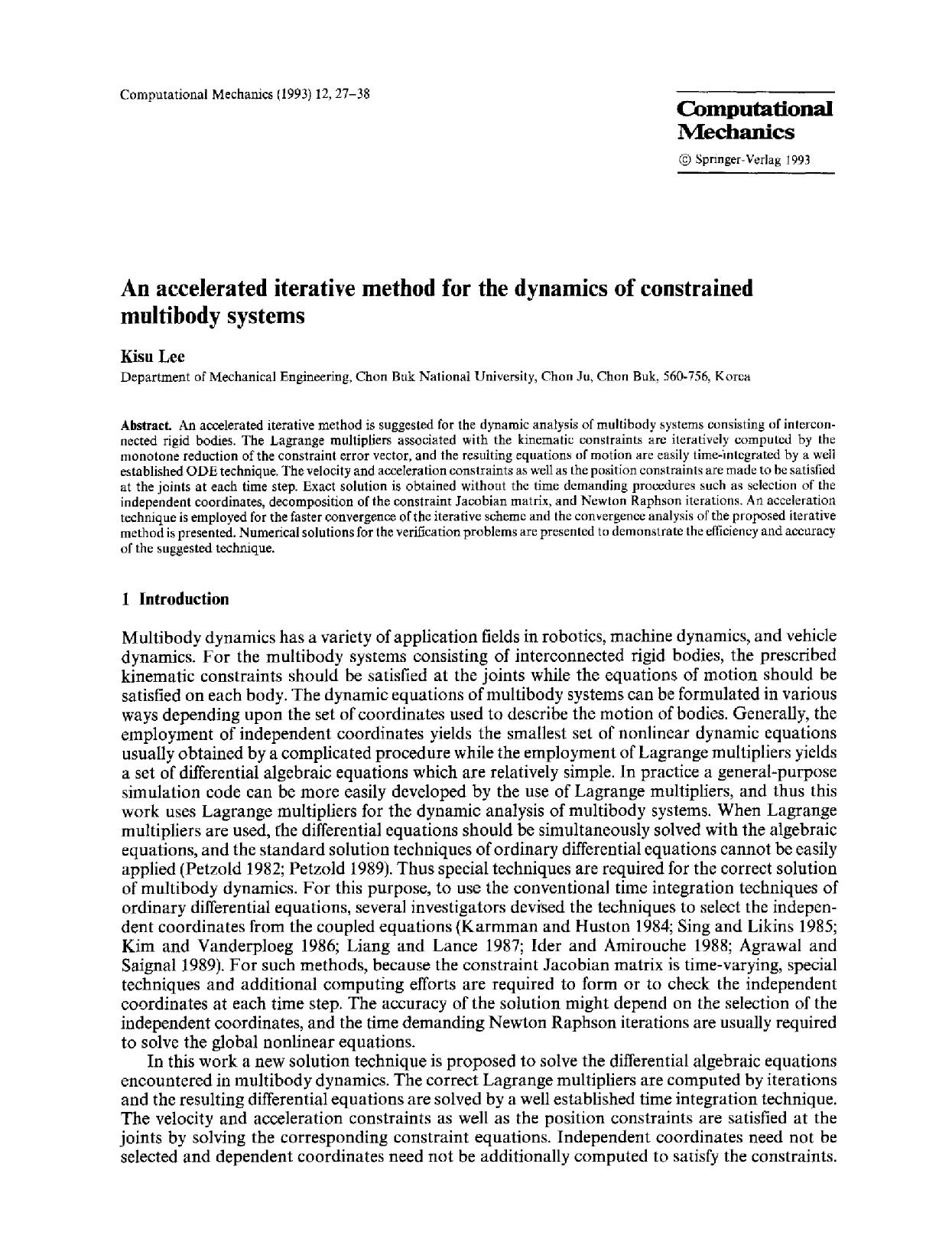 An accelerated iterative method for the dynamics of constrained multibody systems by Unknown