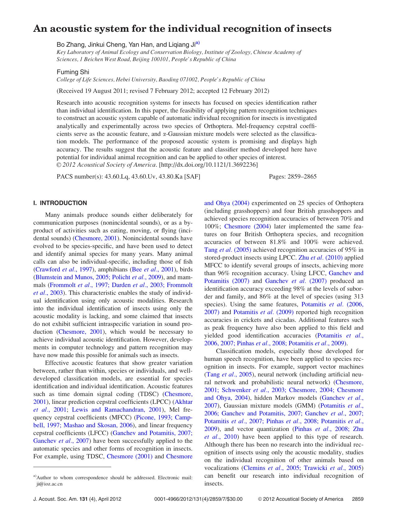 An acoustic system for the individual recognition of insects by Bo Zhang Jinkui Cheng Yan Han Liqiang Ji and Fuming Shi
