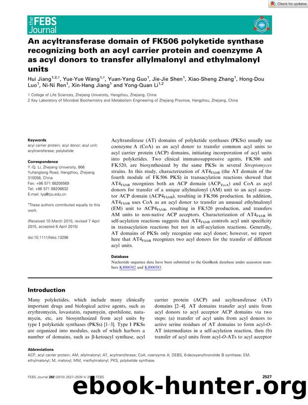 An acyltransferase domain of FK506 polyketide synthase recognizing both an acyl carrier protein and coenzymeÂ A as acyl donors to transfer allylmalonyl and ethylmalonyl units by Unknown