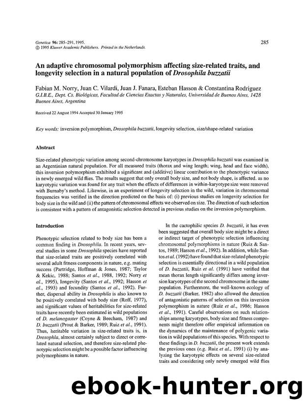 An adaptive chromosomal polymorphism affecting size-related traits, and longevity selection in a natural population of <Emphasis Type="Italic">Drosophila buzzatii <Emphasis> by Unknown