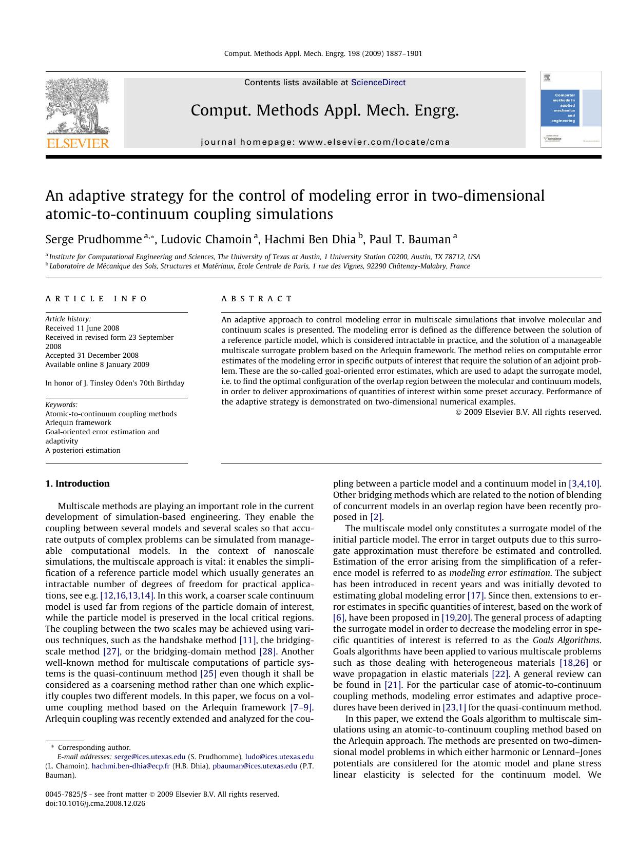 An adaptive strategy for the control of modeling error in two-dimensional atomic-to-continuum coupling simulations by Serge Prudhomme; Ludovic Chamoin; Hachmi Ben Dhia; Paul T. Bauman