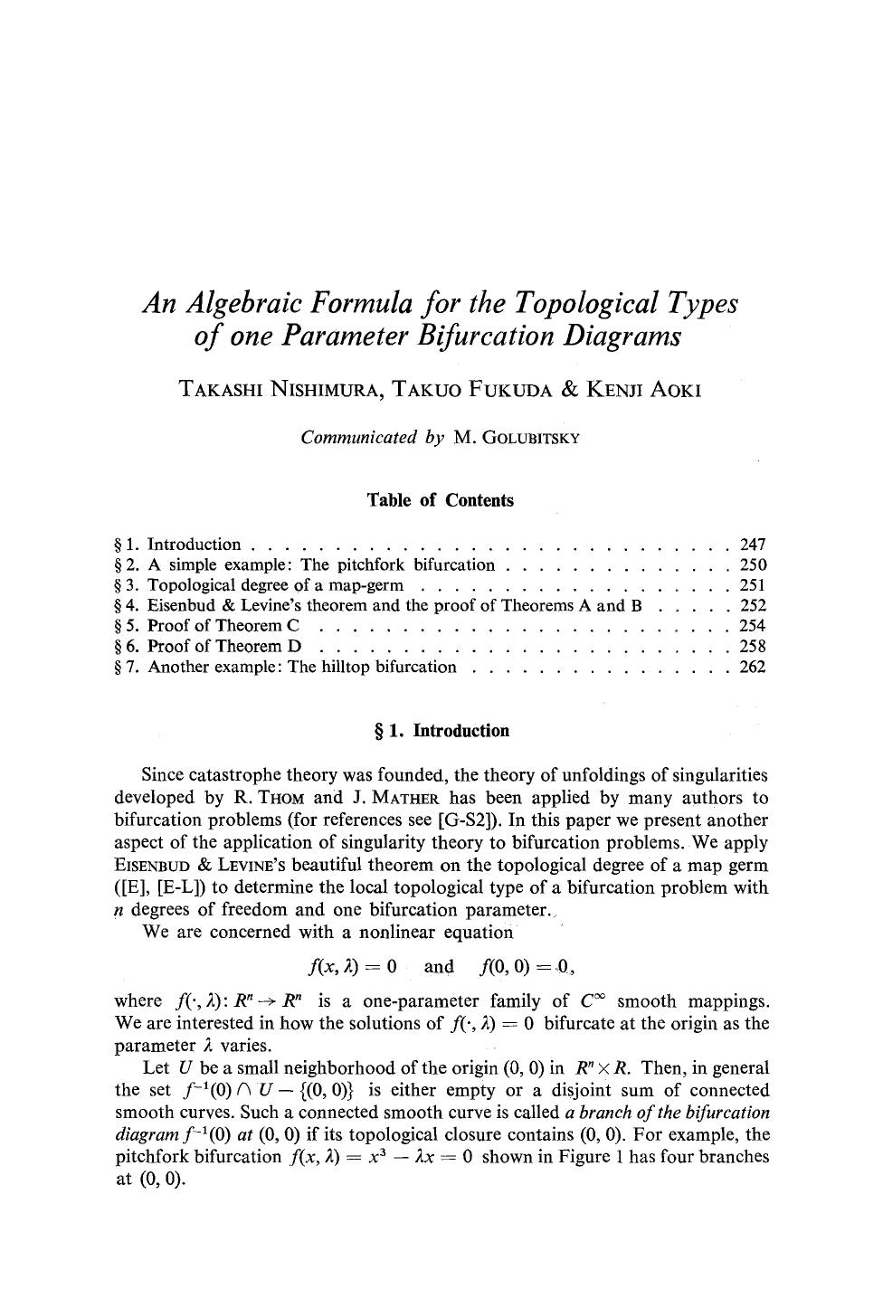 An algebraic formula for the topological types of one parameter bifurcation diagrams by Unknown