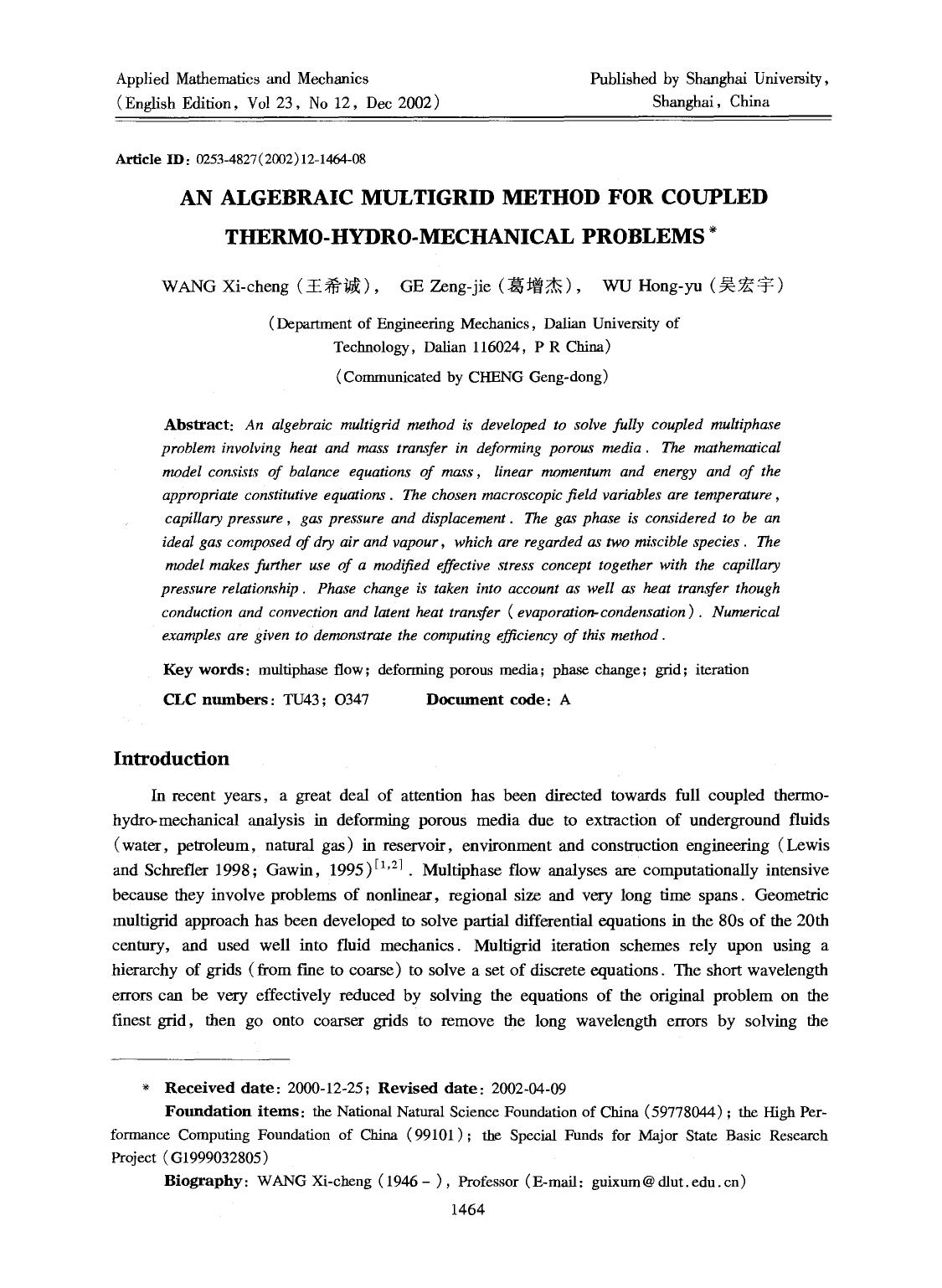 An algebraic multigrid method for coupled thermo-hydro-mechanical problems by Unknown