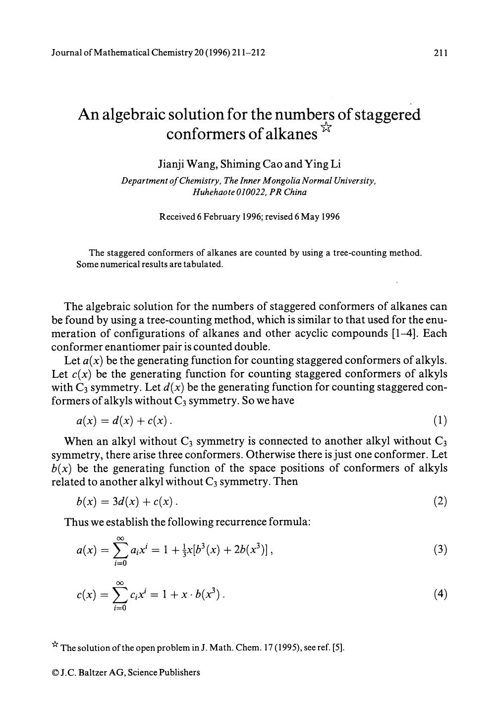 An algebraic solution for the numbers of staggered conformers of alkanes by Unknown