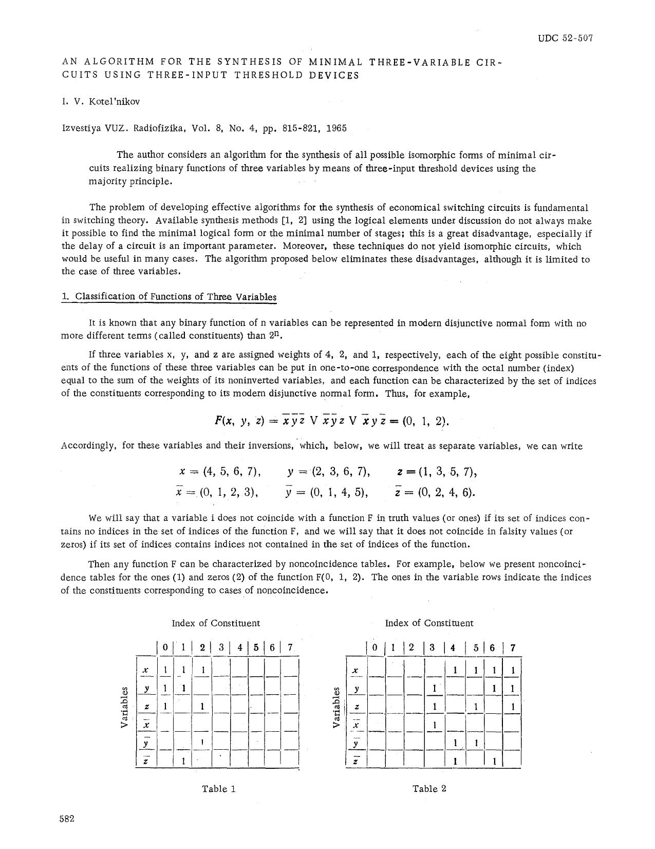 An algorithm for the synthesis of minimal three-variable circuits using three-input threshold devices by Unknown