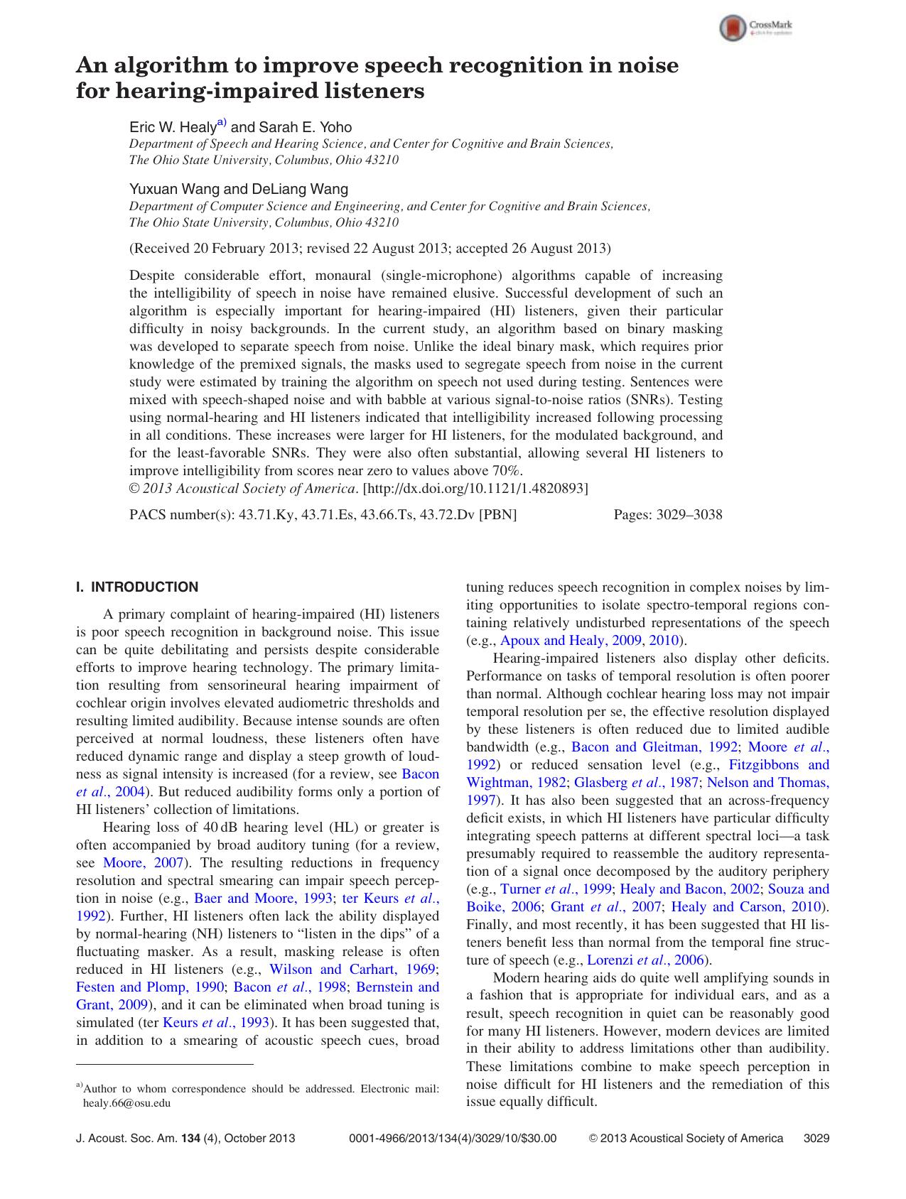 An algorithm to improve speech recognition in noise for hearing-impaired listeners by Eric W. Healya) and Sarah E. Yoho Yuxuan Wang and DeLiang Wang