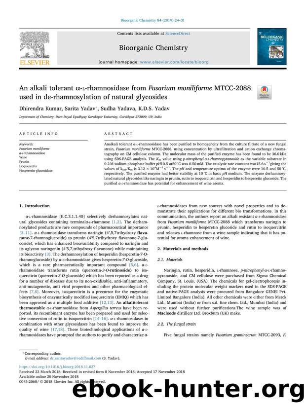 An alkali tolerant Î±-l-rhamnosidase from Fusarium moniliforme MTCC-2088 used in de-rhamnosylation of natural glycosides by Dhirendra Kumar & Sarita Yadav & Sudha Yadava & K.D.S. Yadav