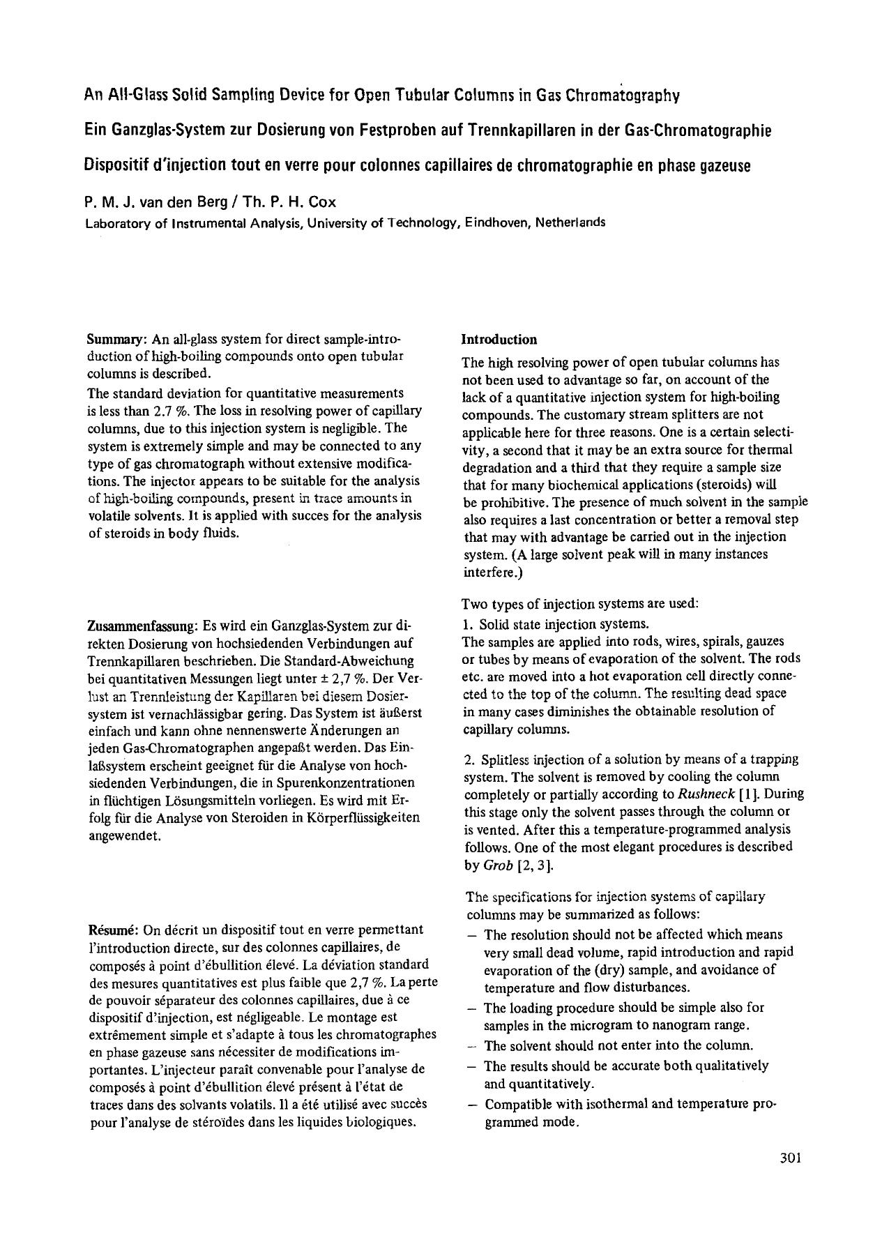 An all-glass solid sampling device for open tubular columns in gas chromatography by Unknown