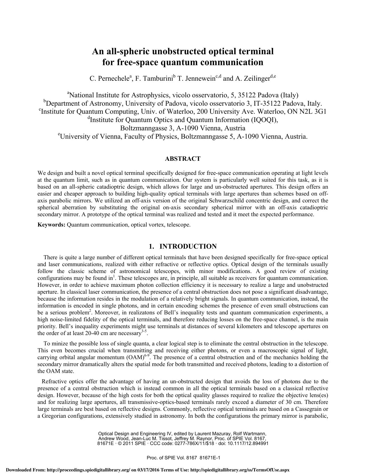 An all-spheric unobstructed optical terminal for free-space quantum communication by Unknown