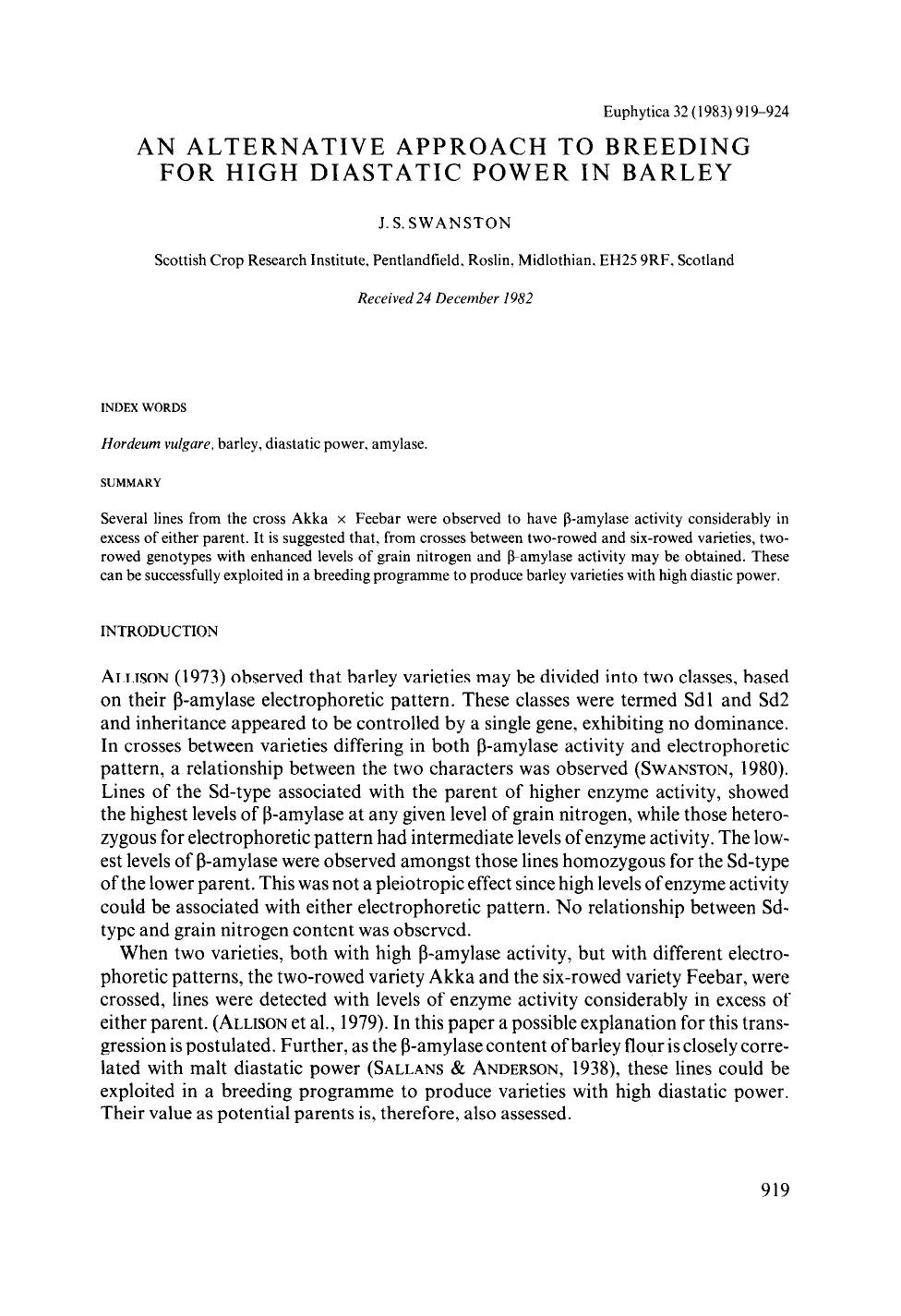 An alternative approach to breeding for high diastatic power in barley by Unknown