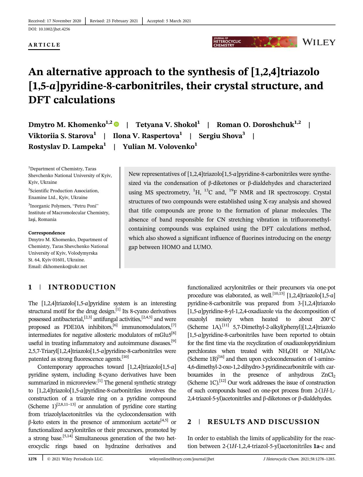 An alternative approach to the synthesis of [1,2,4]Triazolo[1,5-a]pyridine-8-carbonitriles, their crystal structure and DFT calculations by Unknown