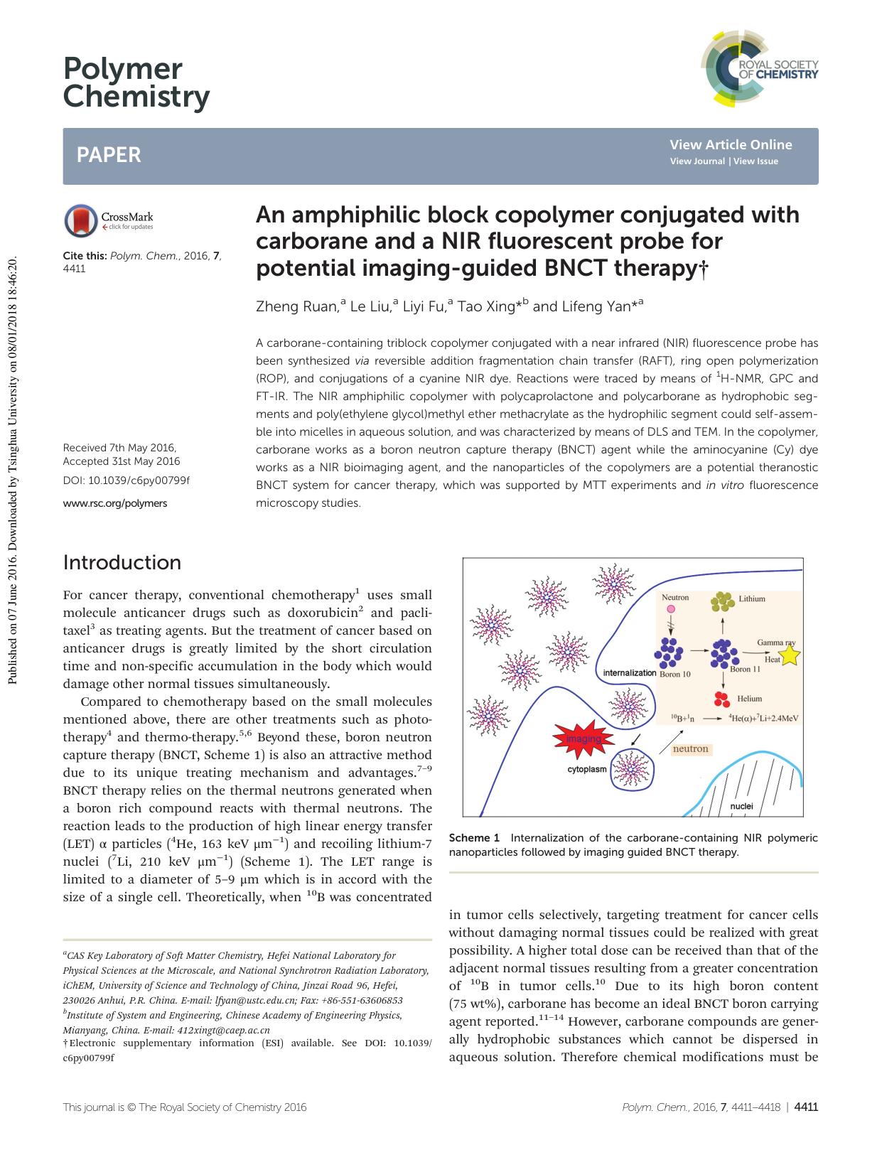 An amphiphilic block copolymer conjugated with carborane and a NIR fluorescent probe for potential imaging-guided BNCT therapy by Zheng Ruan Le Liu Liyi Fu Tao Xing Lifeng Yan