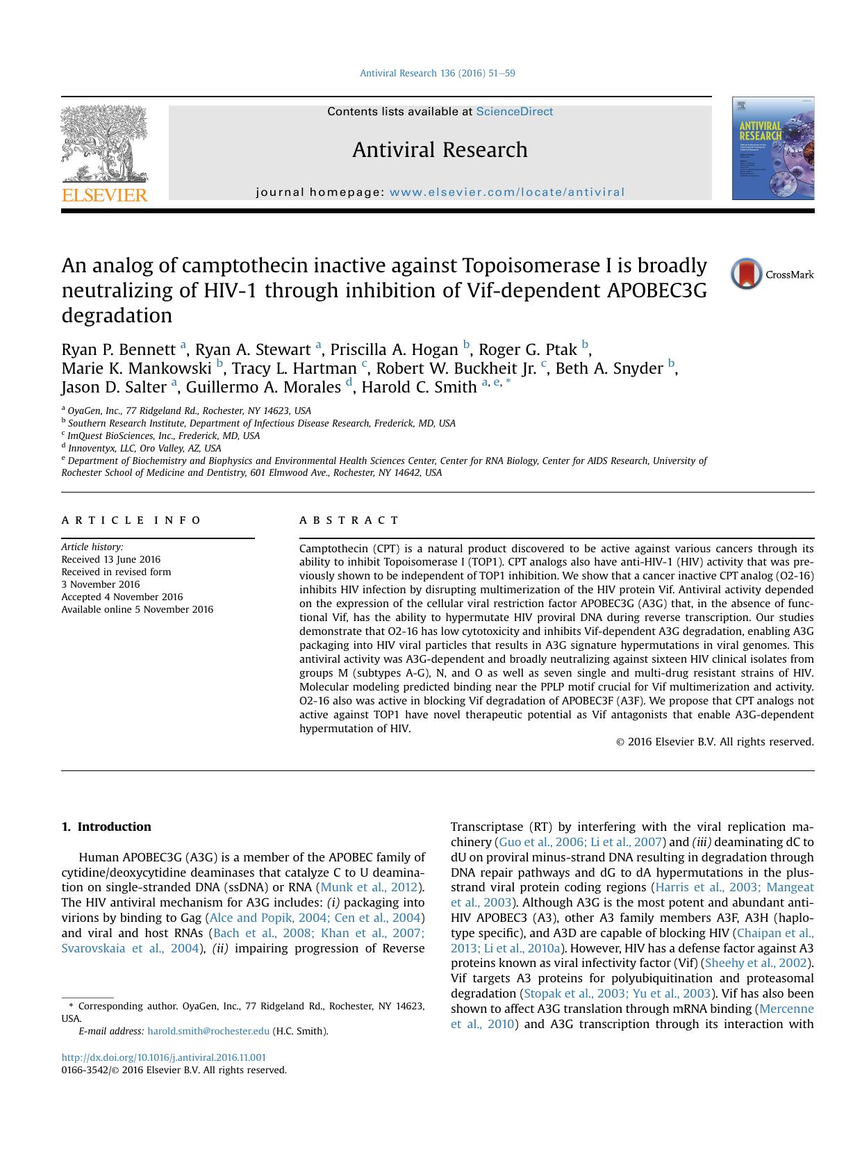 An analog of camptothecin inactive against Topoisomerase I is broadly neutralizing of HIV-1 through inhibition of Vif-dependent APOBEC3G degradation by unknow