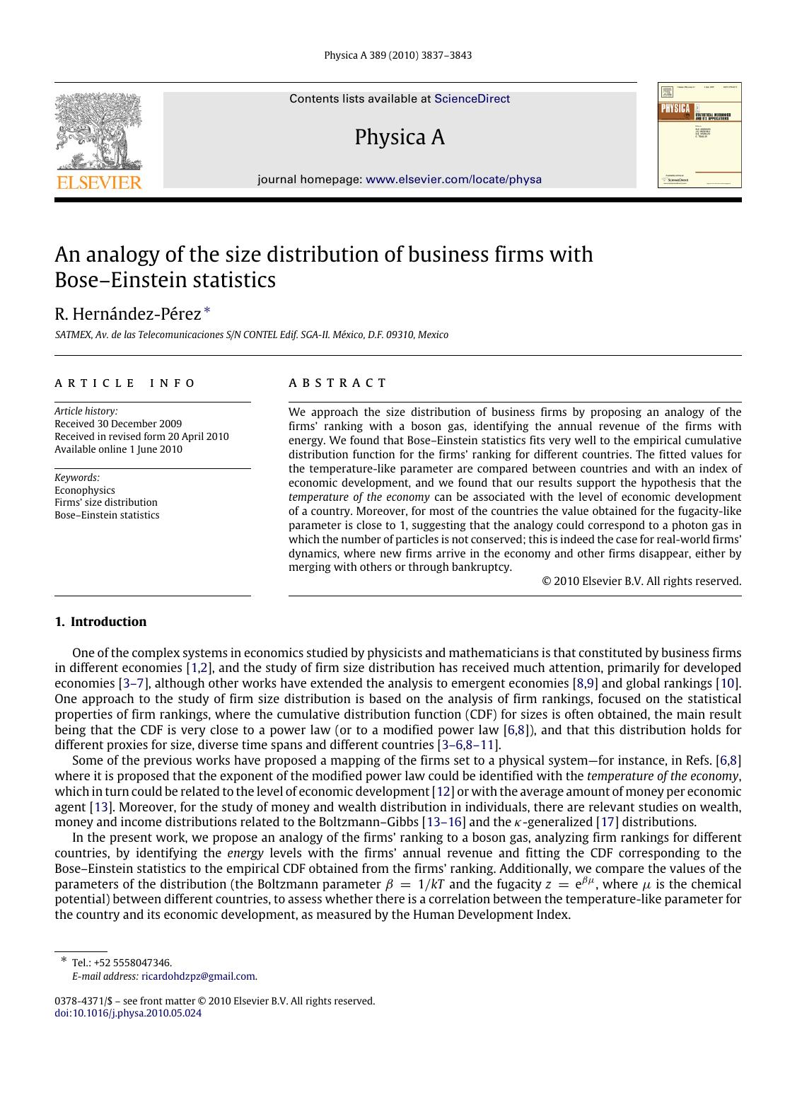 An analogy of the size distribution of business firms with BoseâEinstein statistics by R. Hernández-Pérez