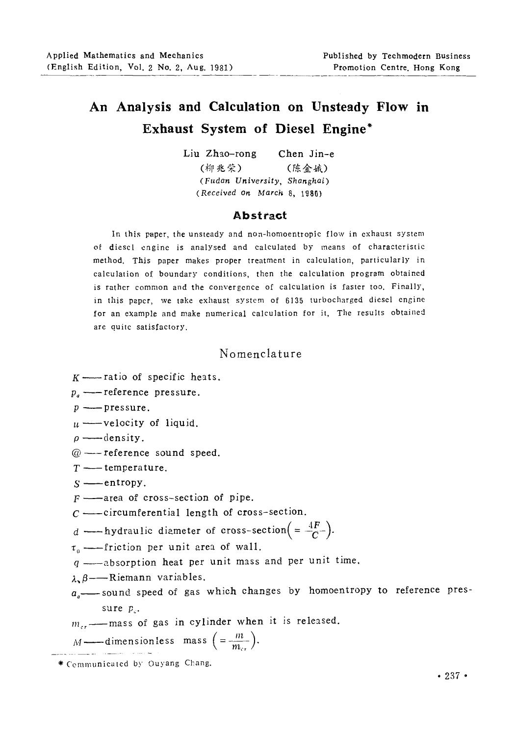 An analysis and calculation on unsteady flow in exhaust system of diesel engine by Unknown