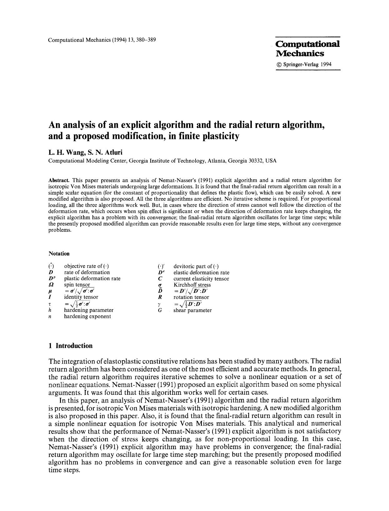 An analysis of an explicit algorithm and the radial return algorithm, and a proposed modification, in finite plasticity by Unknown
