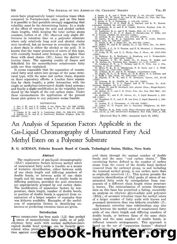 An analysis of separation factors applicable in the gas-liquid chromatography of unsaturated fatty acid methyl esters on a polyester substrate by Unknown