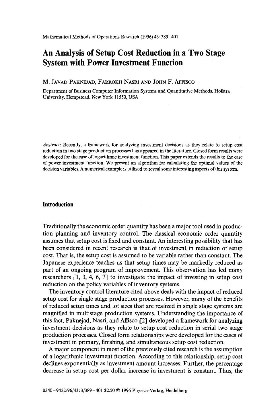 An analysis of setup cost reduction in a two stage system with power investment function by Unknown