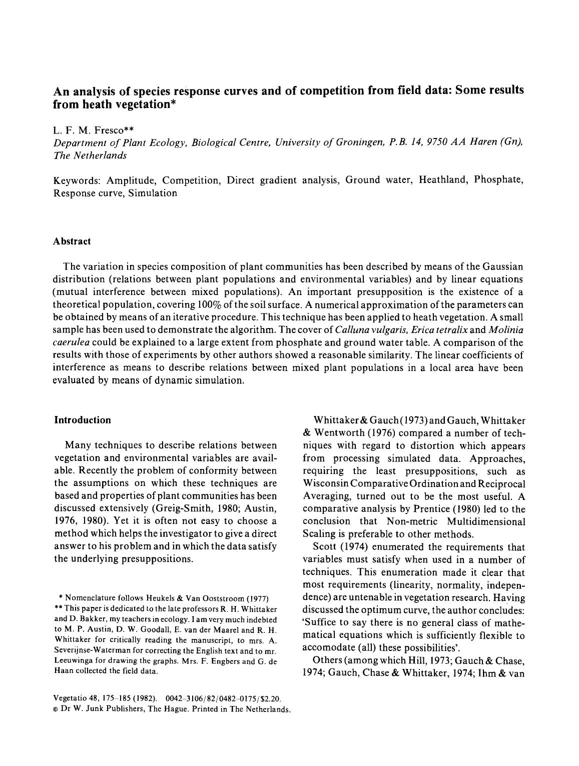 An analysis of species response curves and of competition from field data: Some results from heath vegetation by Unknown