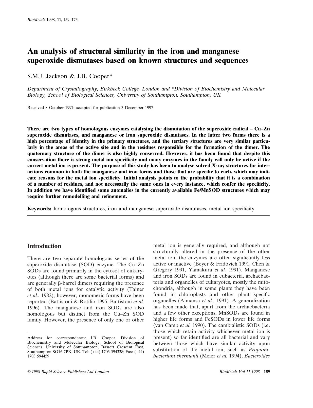 An analysis of structural similarity in the iron and manganese superoxide dismutases based on known structures and sequences by Unknown