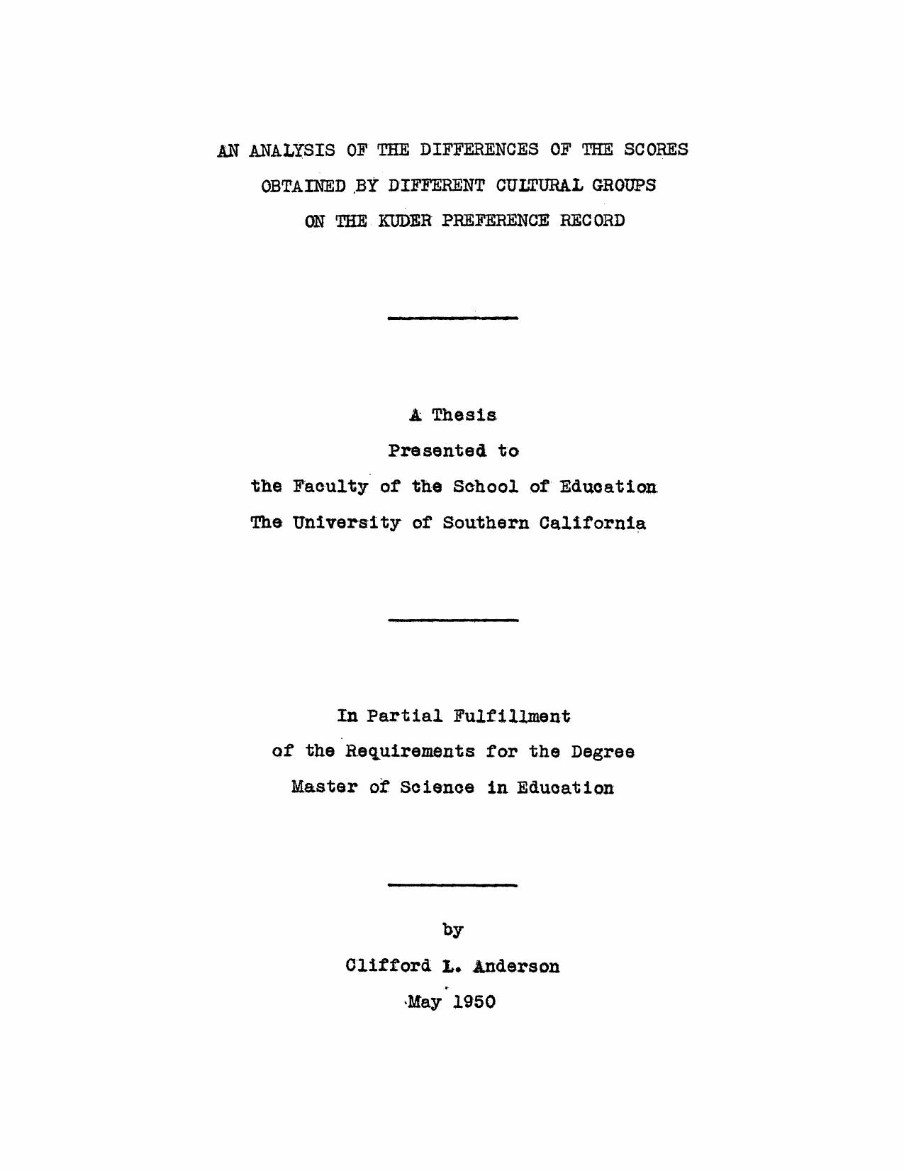 An analysis of the differences of the scores obtained by different cultural groups on the Kuder Preference Record by Anderson Clifford L