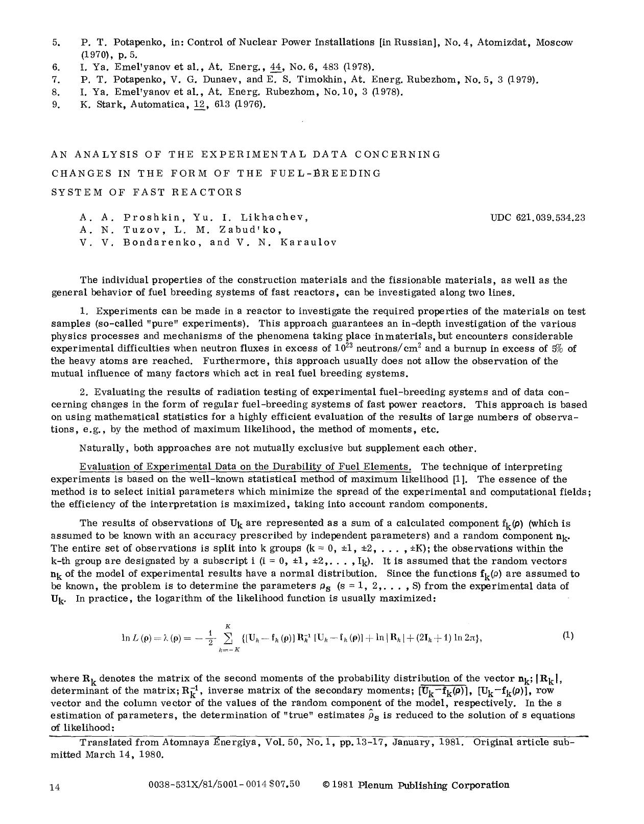 An analysis of the experimental data concerning changes in the form of the fuel-breeding system of fast reactors by Unknown