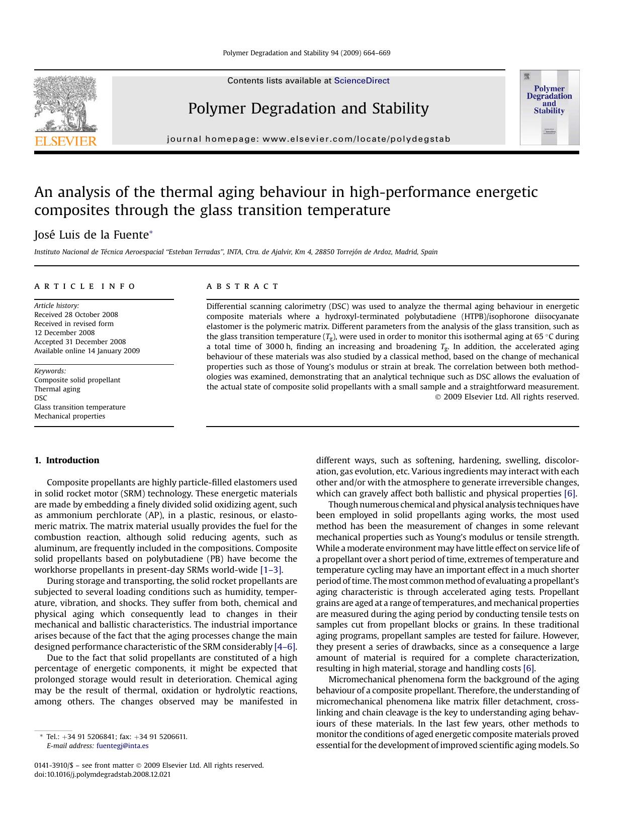 An analysis of the thermal aging behaviour in high-performance energetic composites through the glass transition temperature by JosE Luis de la Fuente