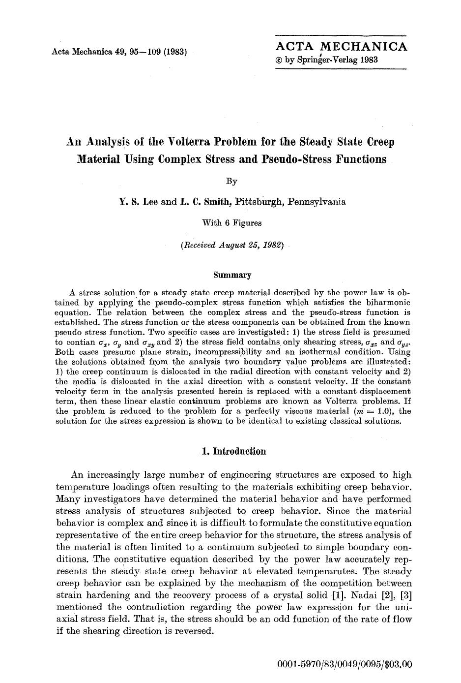 An analysis of the volterra problem for the steady state creep material using complex stress and pseudo-stress functions by Unknown