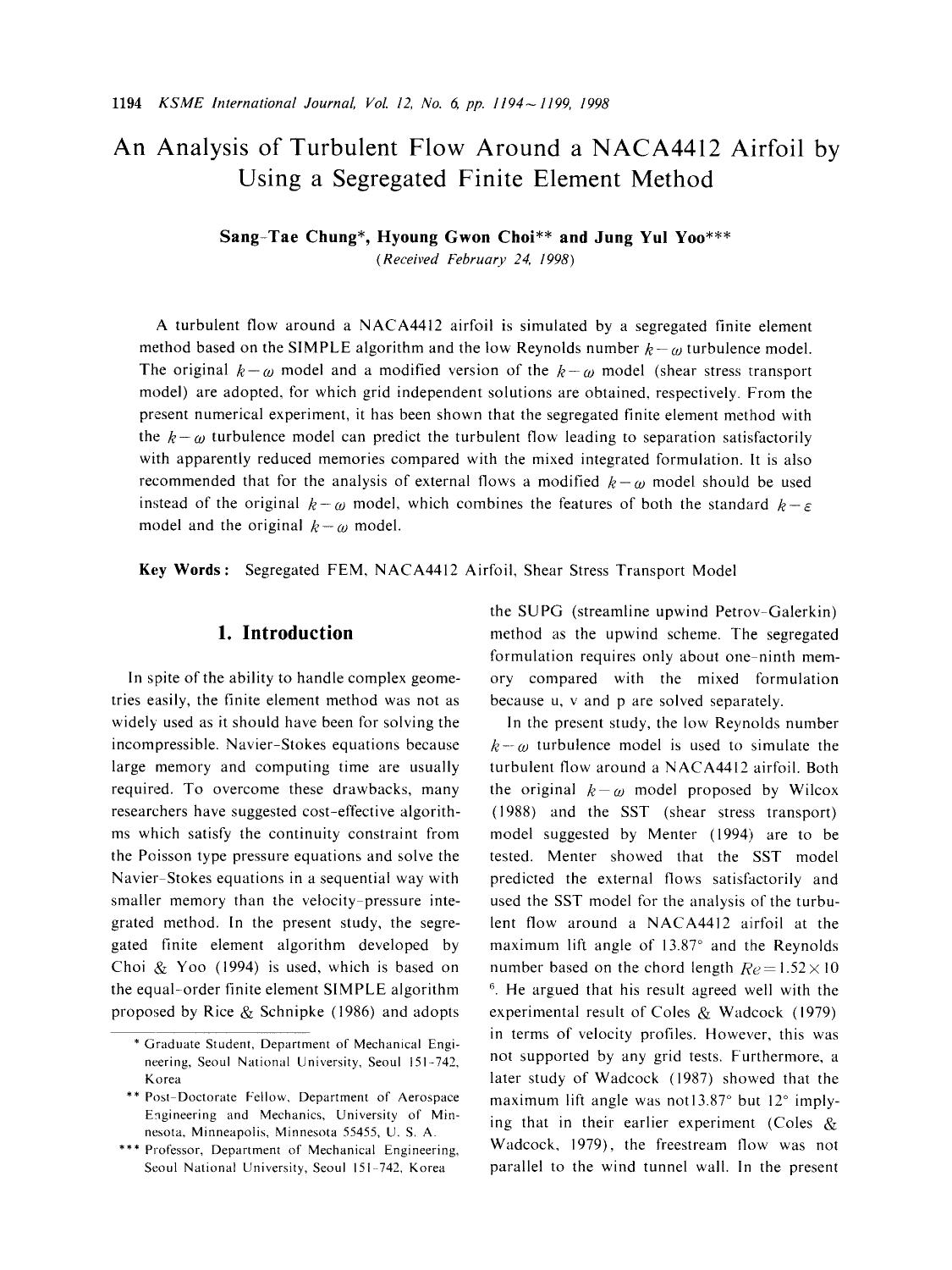 An analysis of turbulent flow around a NACA4412 airfoil by using a segregated finite element method by Unknown