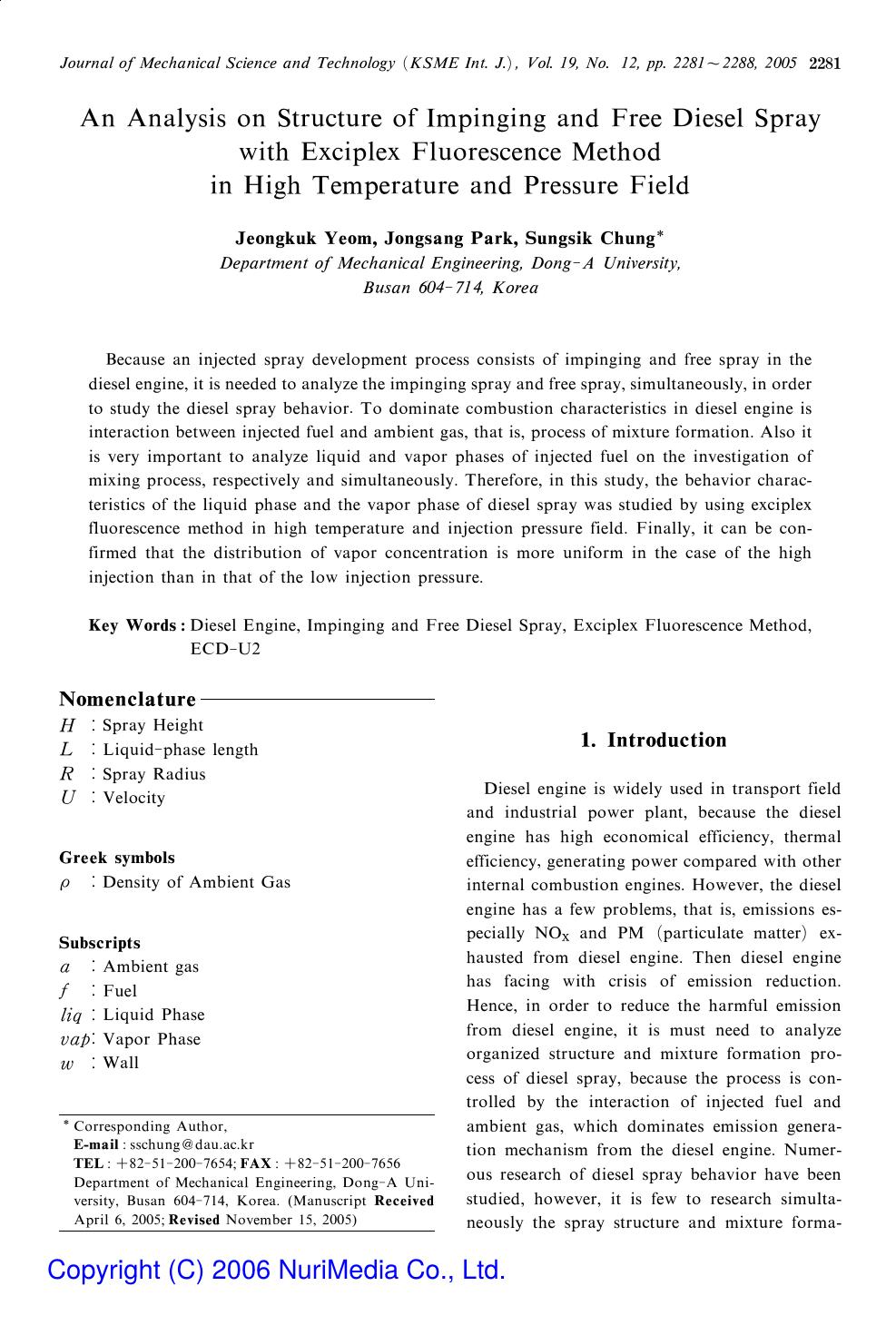 An analysis on structure of impinging and free diesel spray with exciplex fluorescence method in high temperature and pressure field by Unknown