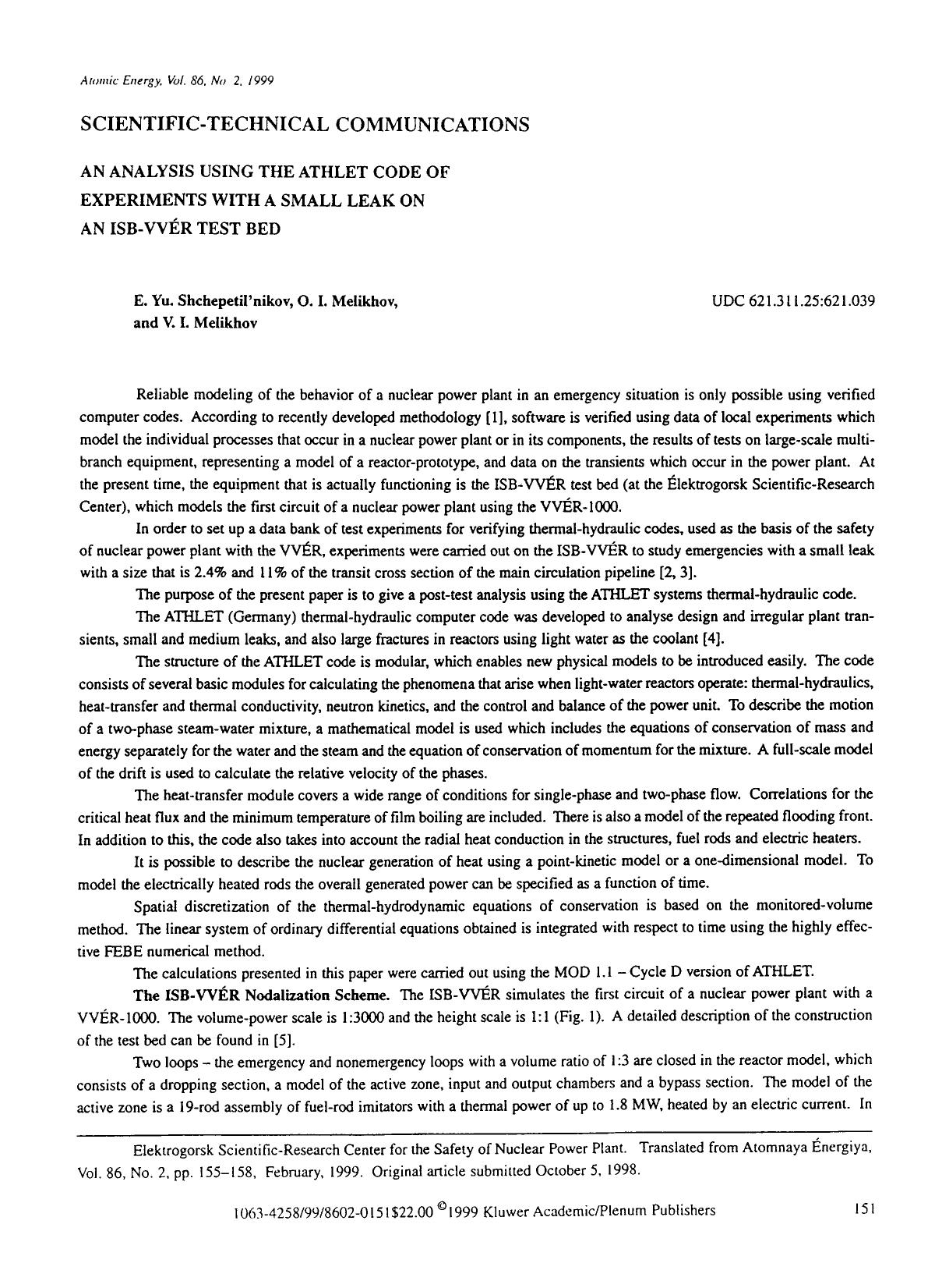 An analysis using the athlet code of experiments with a small leak on an ISB-VV&#x00C9;R test bed by Unknown