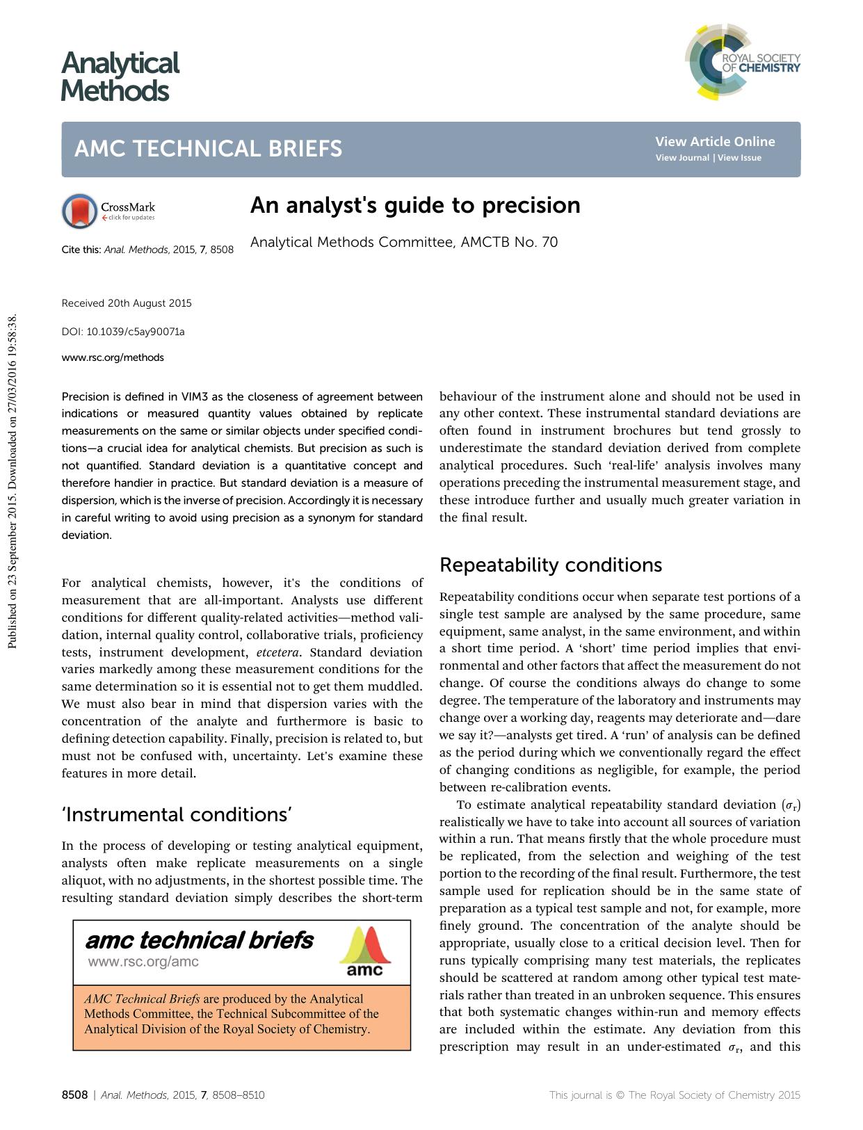 An analyst's guide to precision by Analytical Methods Committee AMCTB No. 70